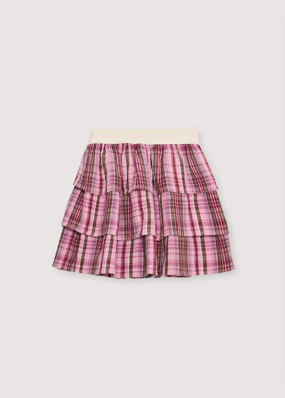 Checkered skirt in double gauze fabric with three ruffles and a branded elastic waistband. Perfect for pairing with the matching blouse.