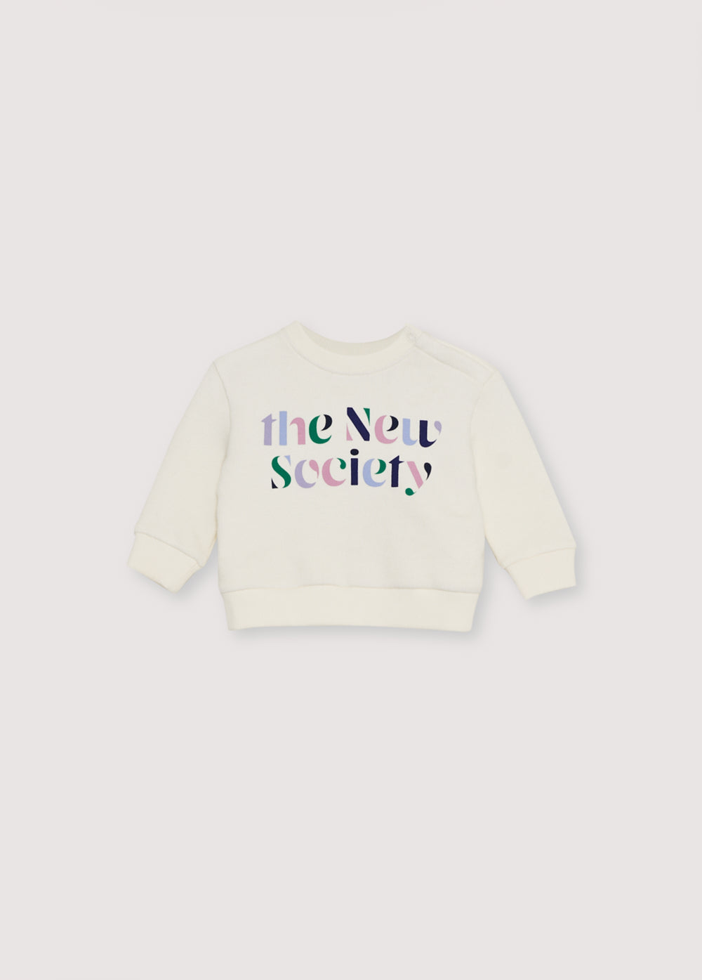 Cotton-elastane fleece sweatshirt with a multicolored brand print on the front. It opens at the shoulder with tone-on-tone snaps. Brushed on the inside and outside.