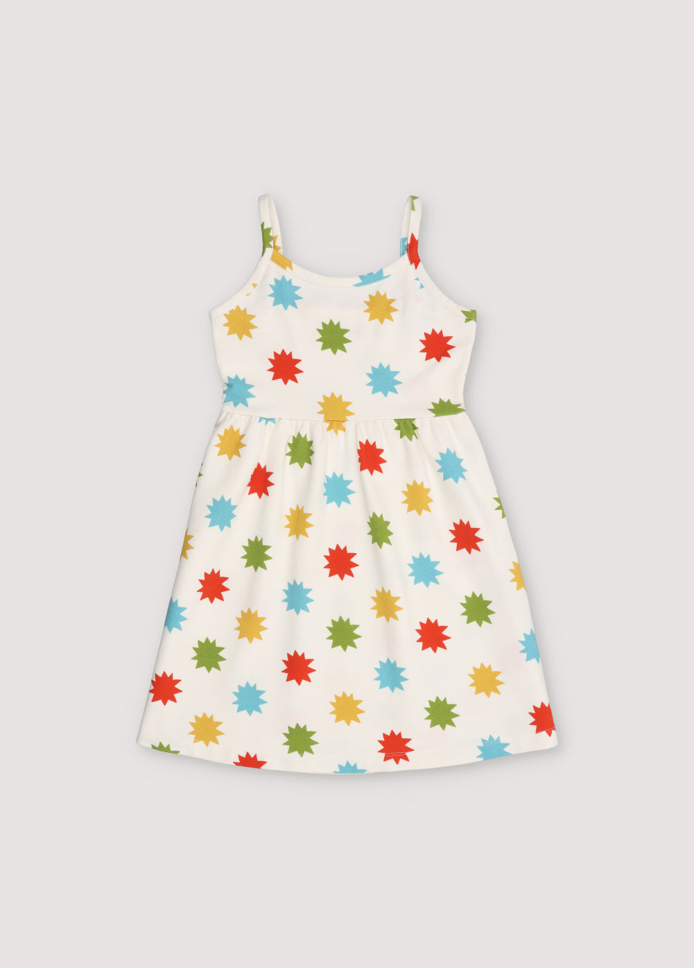 Short jersey dress with multicolored star print, spaghetti straps, and gathered waist. New Collection. Spring Summer. The New Society.