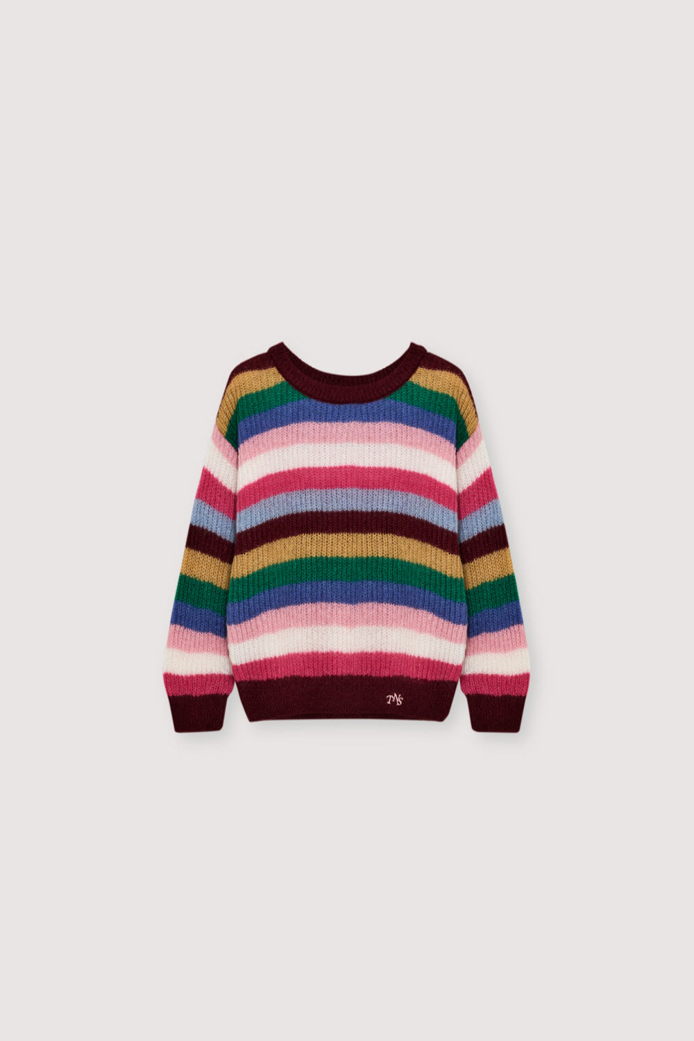 Fine-knit multicolor mohair sweater with a round neckline. It has a contrasting embroidered detail on the chest.
