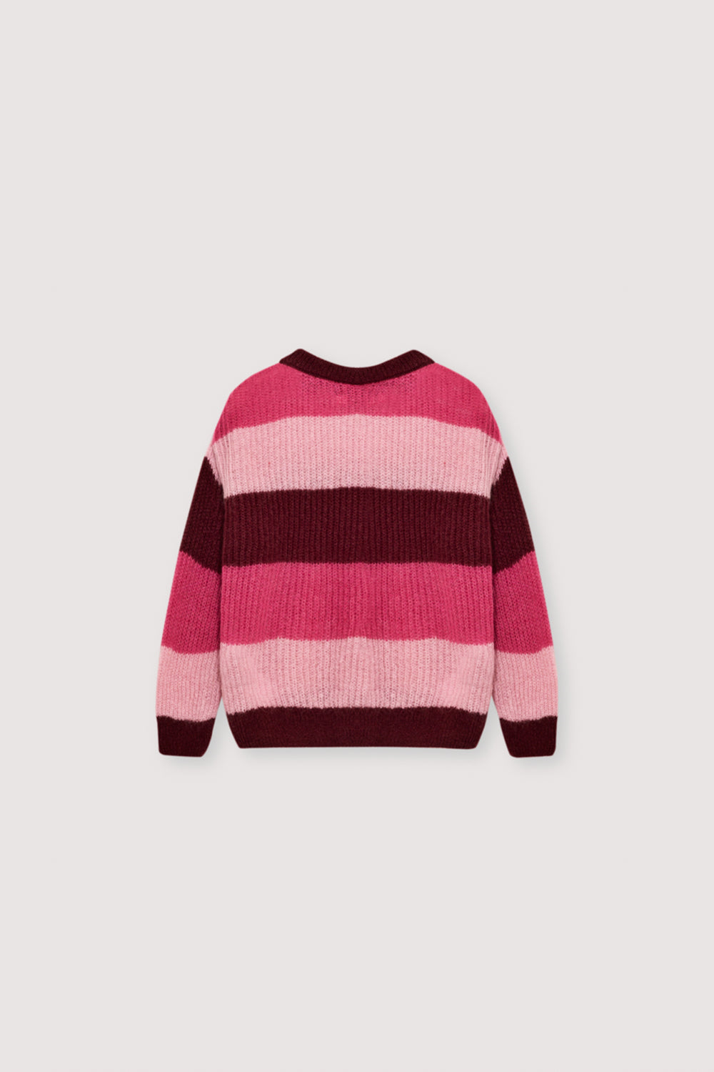 Fine-knit multicolor mohair sweater with a round neckline. It has a contrasting embroidered detail on the chest