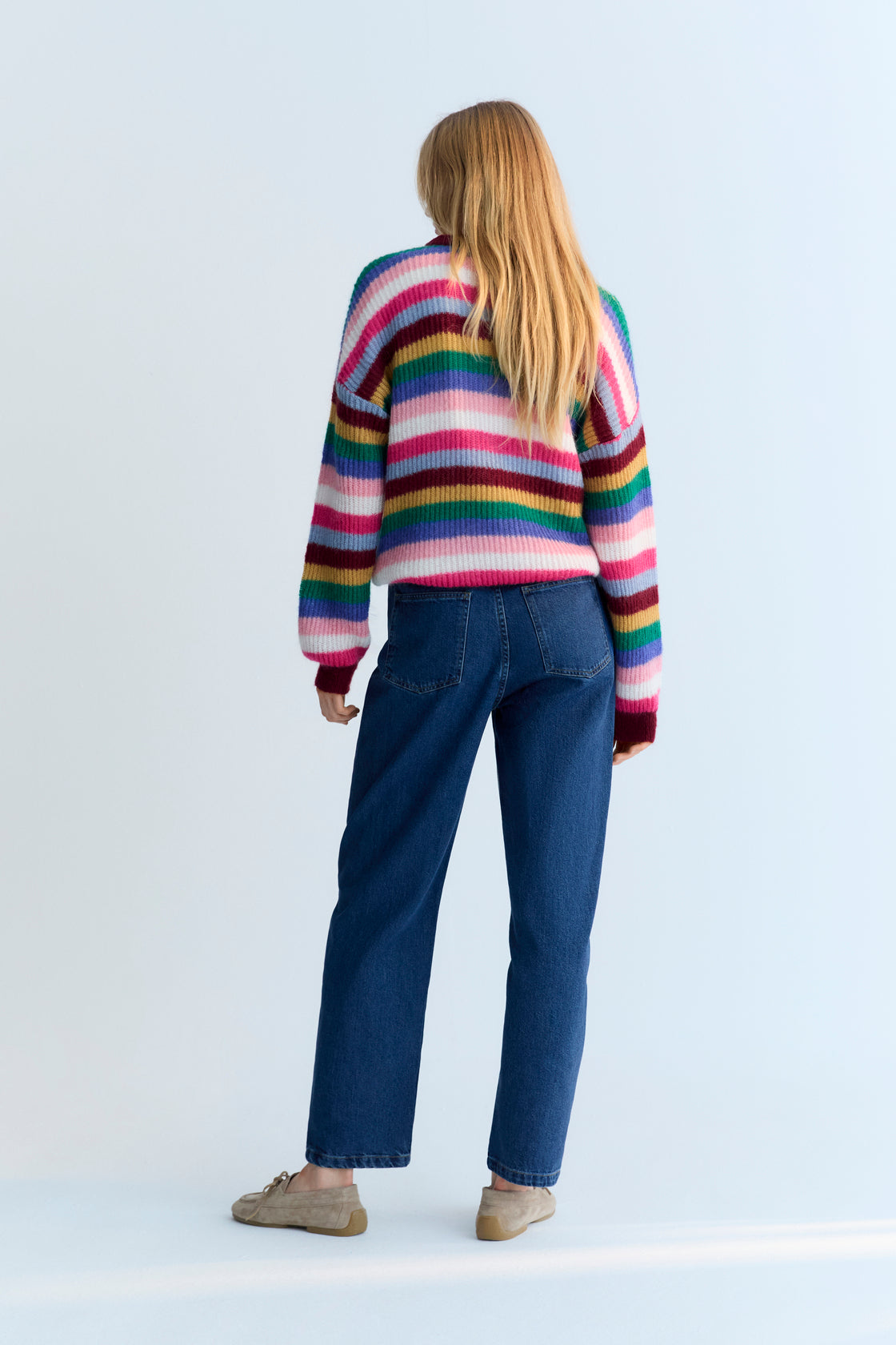 Fine-knit multicolor mohair sweater with a round neckline.