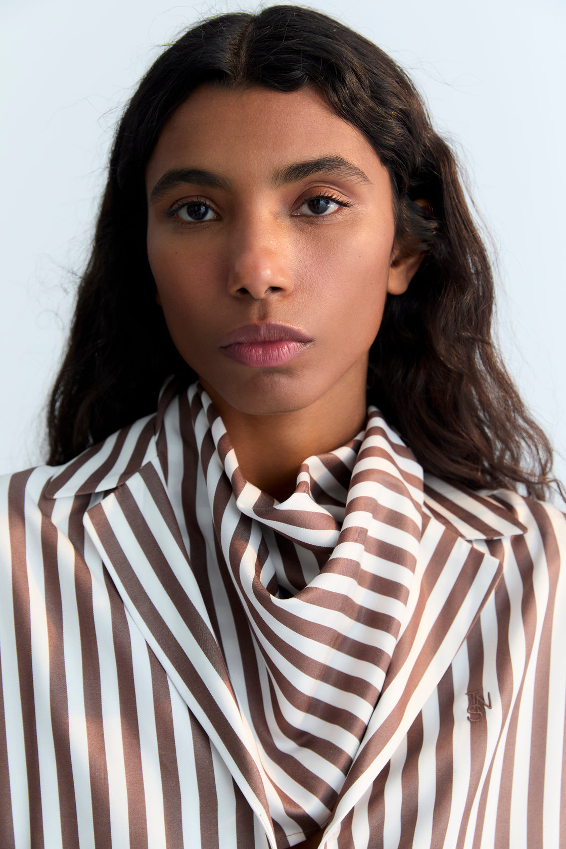 Shirt in soft Tencel with roast-colored bicolor stripes and subtle tone-on-tone embroidery on the chest. The New Society. Woman Colllection.