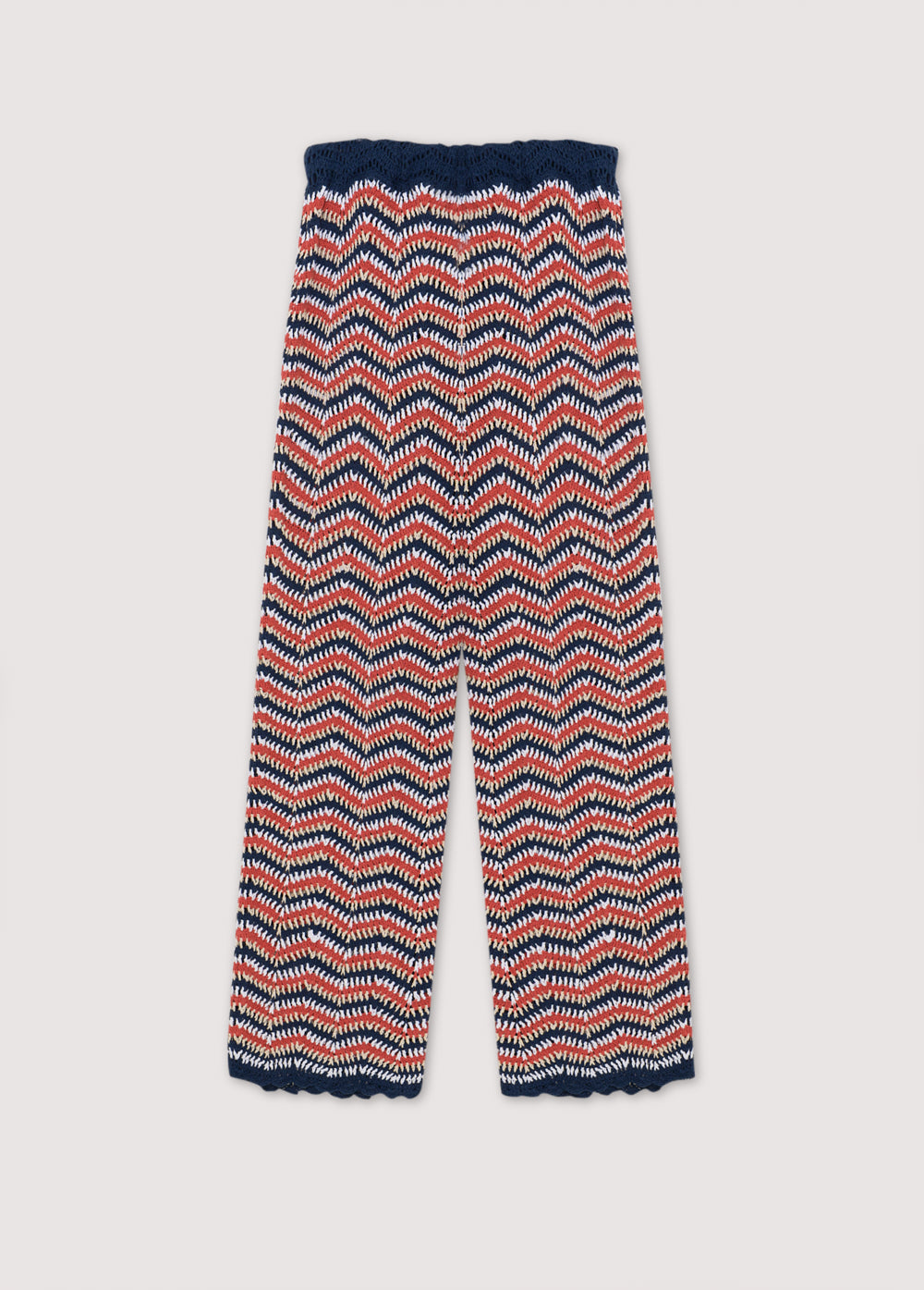 Tricolor crochet pants with curved finishes and elastic waistband. This is a perfect garment to pair with matching cardigan. Spring Summer Collection. The New Society.