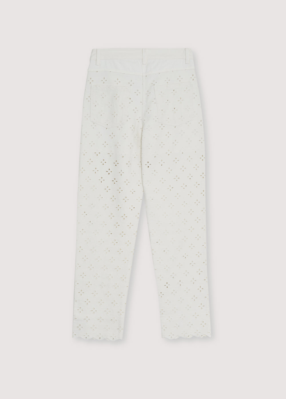 Denim pants crafted from a delicate fabric with all-over embroidery for a refined and unique finish.