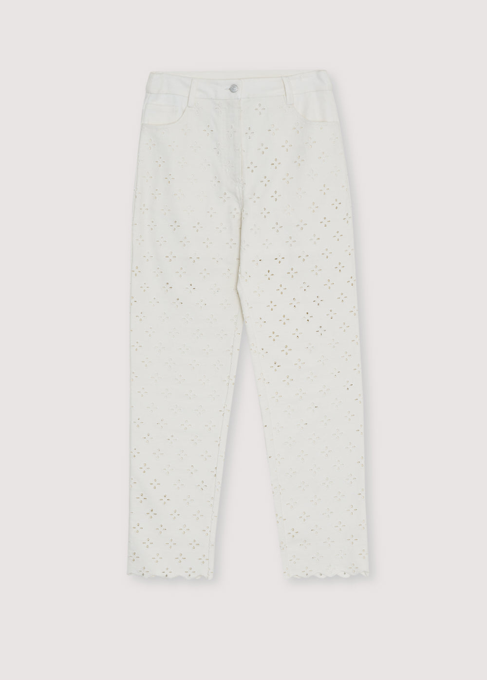 Denim pants crafted from a delicate fabric with all-over embroidery for a refined and unique finish.