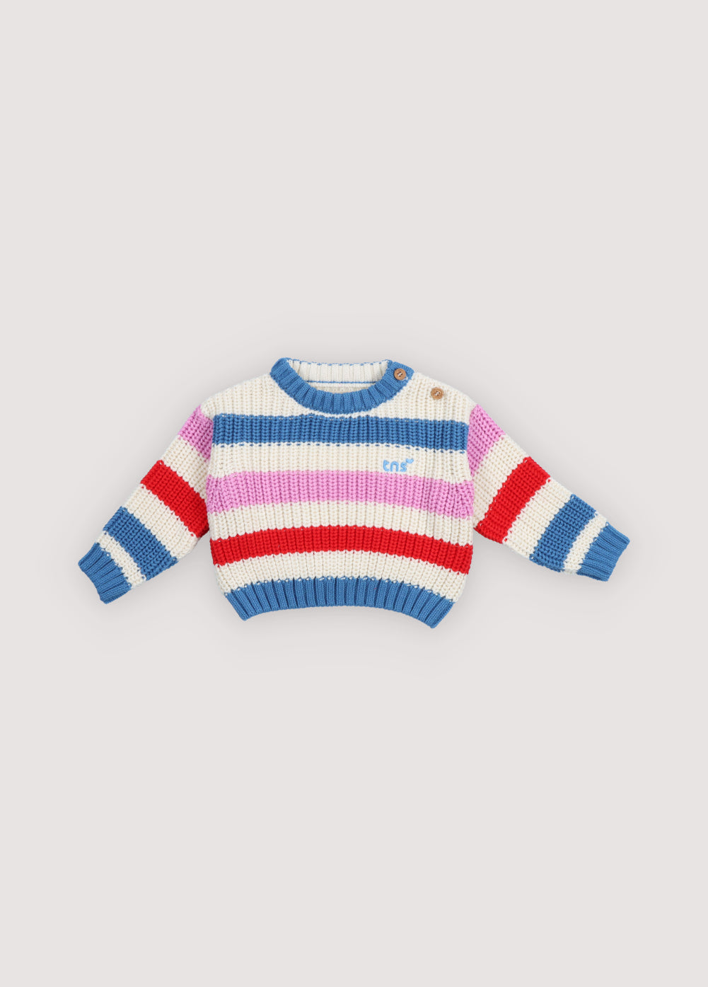 Baby striped cotton knit featuring fresh, summery colors and a charming embroidered logo detail on the chest.