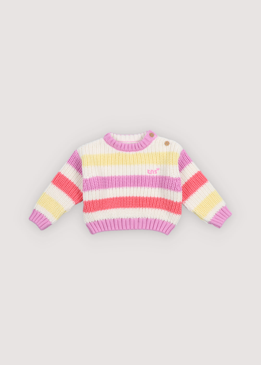 Baby striped cotton knit featuring fresh, summery colors and a charming embroidered logo detail on the chest