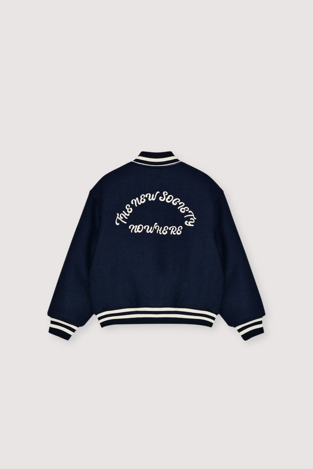 This bomber jacket in Infinite Navy is crafted in a warm wool blend and finished with striped rib detailing in a contrasting color