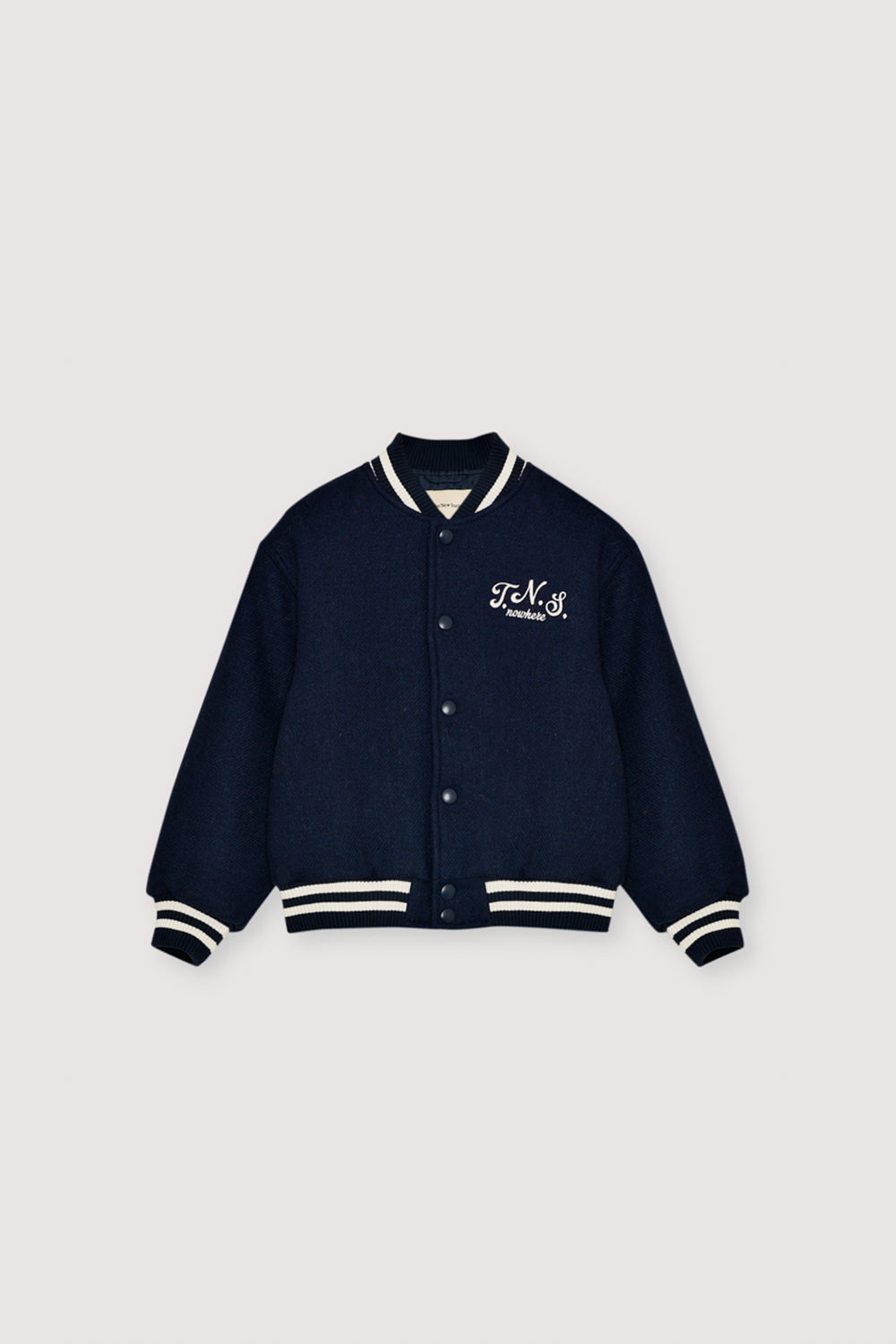 This bomber jacket in Infinite Navy is crafted in a warm wool blend and finished with striped rib detailing in a contrasting color
