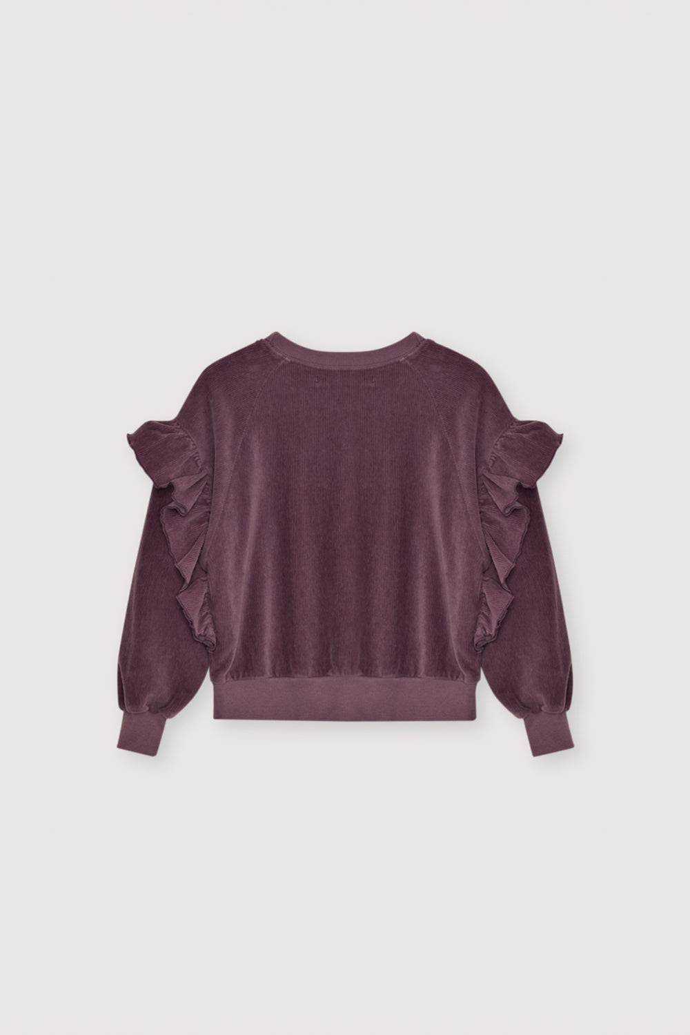 Velour sweatshirt with a unique ruffle detail on the shoulders and brand embroidery on the chest. It comes with matching pants to complete the look.