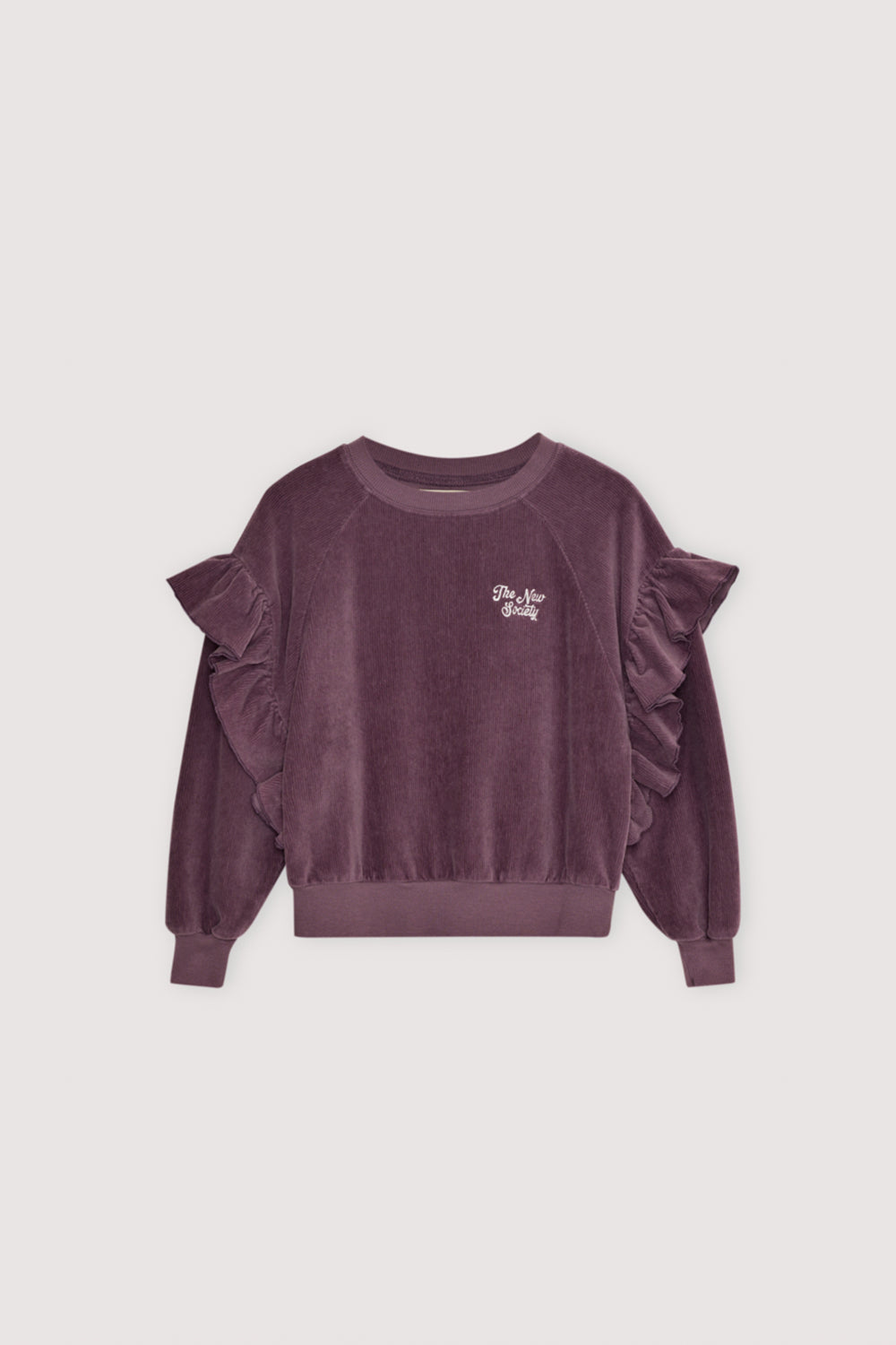Velour sweatshirt with a unique ruffle detail on the shoulders and brand embroidery on the chest. It comes with matching pants to complete the look.