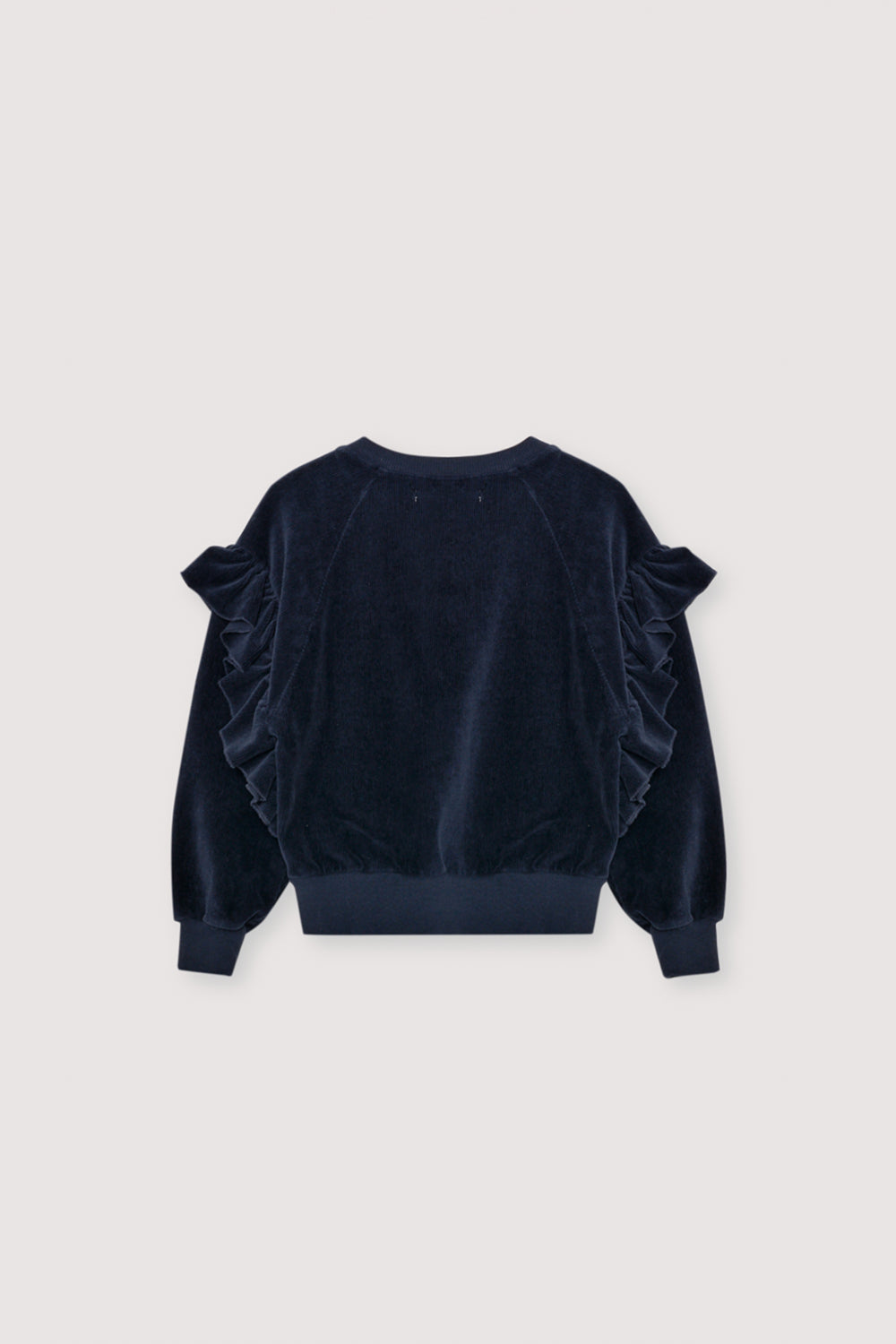 Velour sweatshirt with a unique ruffle detail on the shoulders and brand embroidery on the chest. It comes with matching pants to complete the look.