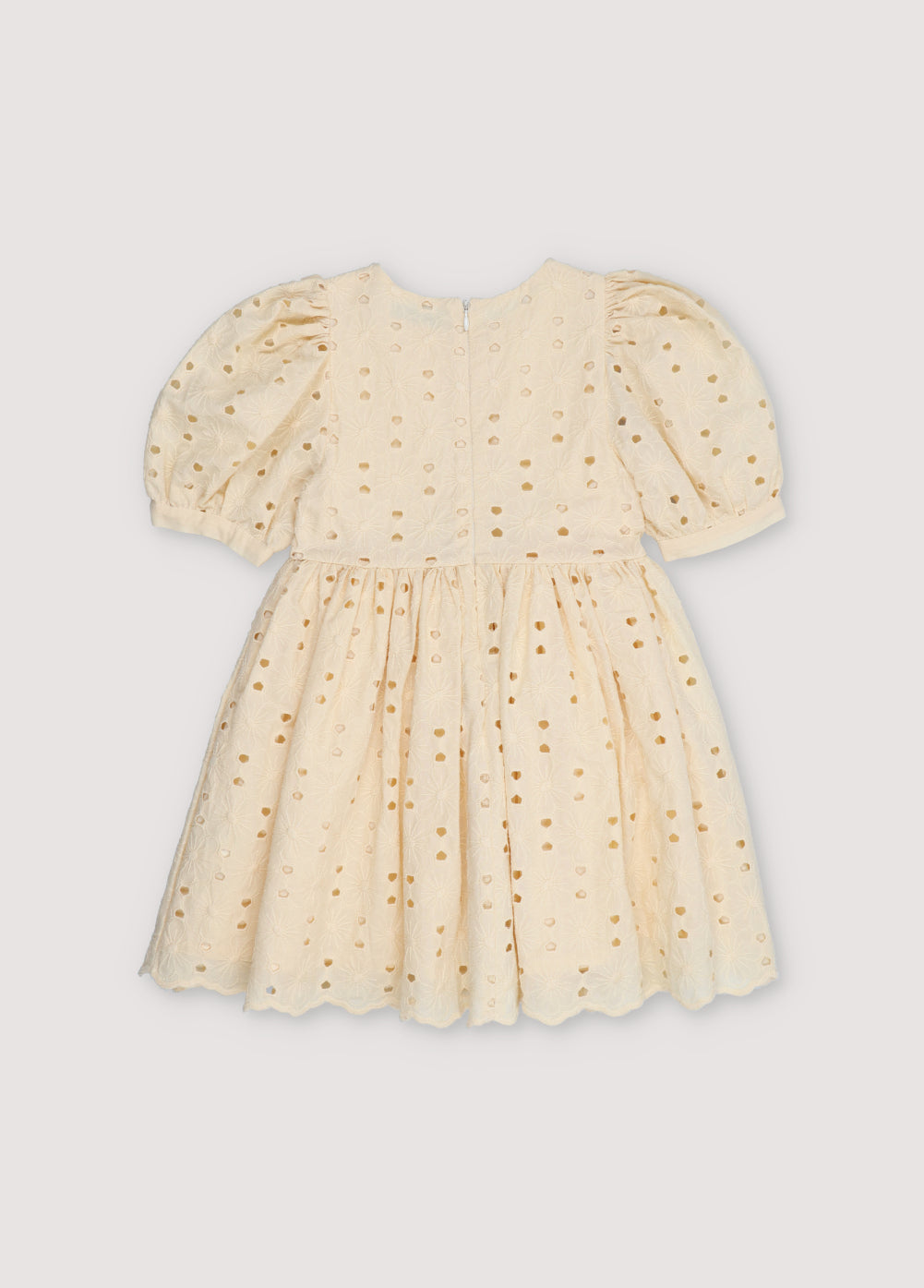 Creta Dress our bestseller now with embroidered blend cotton fabric in macadamia color. Dress with puffed sleeves and a flared skirt. New Collection Kids.