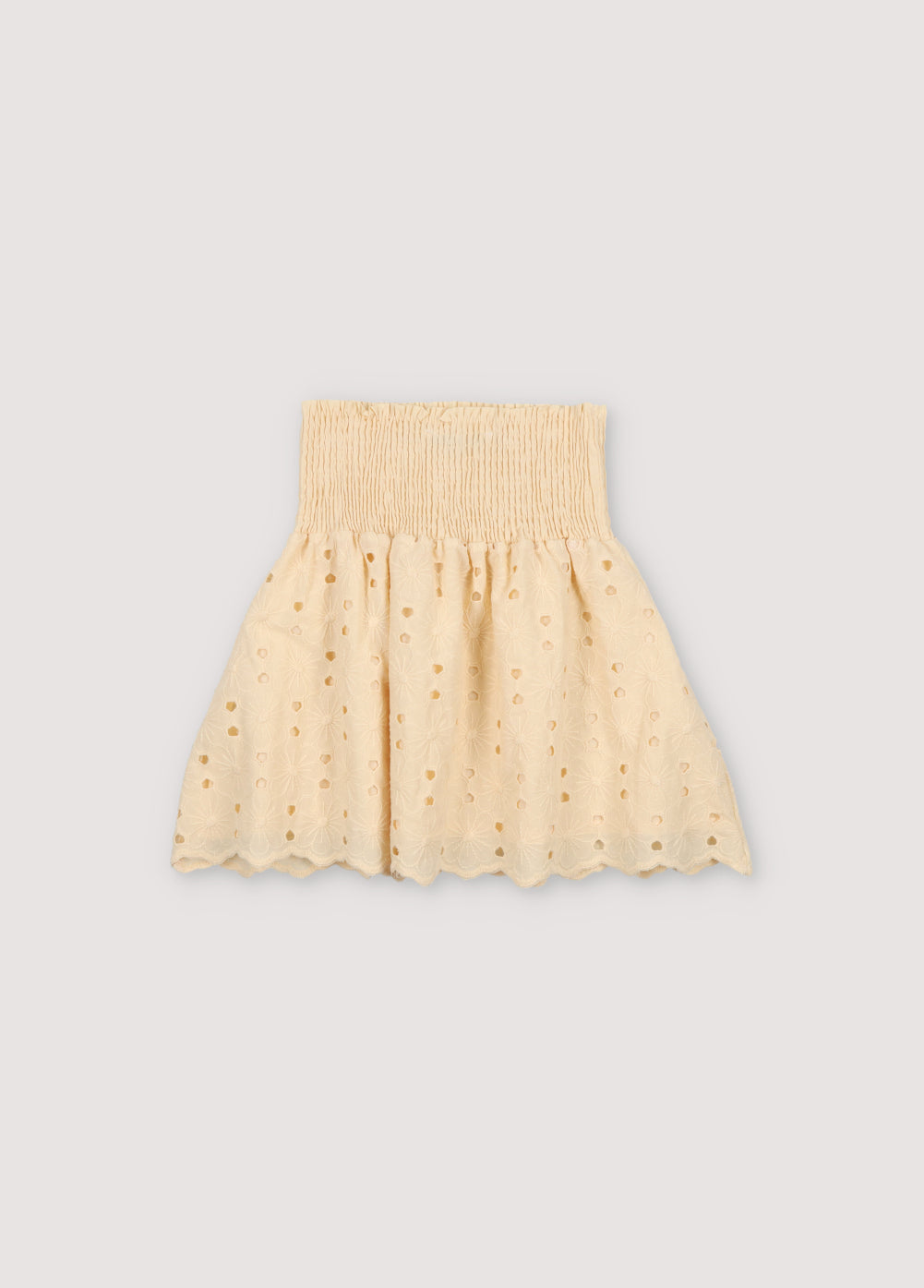 Creta Skirt in embroidered blend cotton fabric in macadamia color, featuring an elastic waistband.