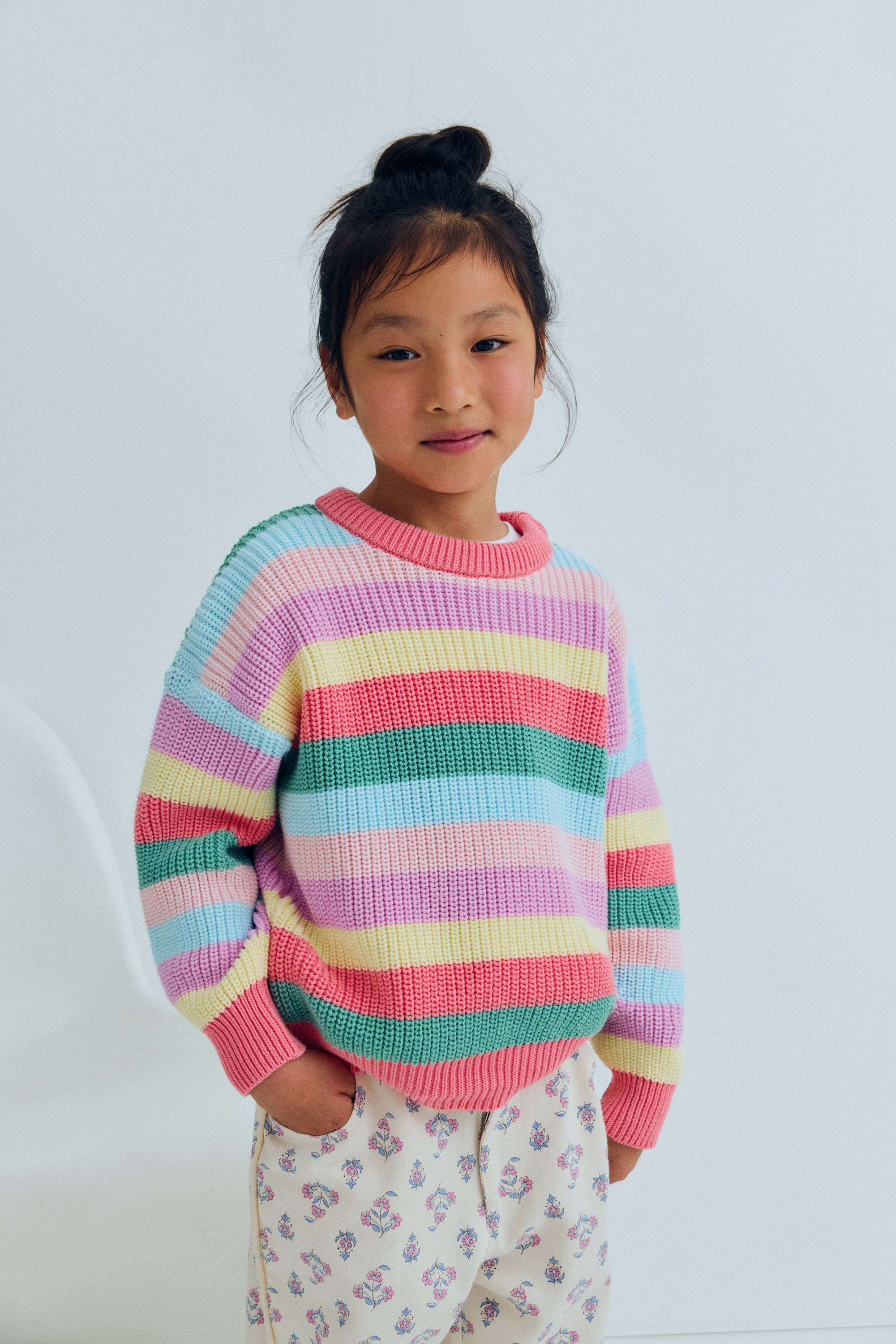 Our classic fine cotton knit for summer, featuring a playful multicolor stripe design and ribbed finishes at the neckline, cuffs, and hem