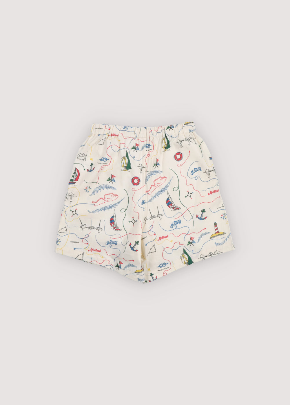Soft cotton bermuda shorts featuring a unique multicolor map print and an adjustable drawstring waistband for a comfortable, tailored fit.