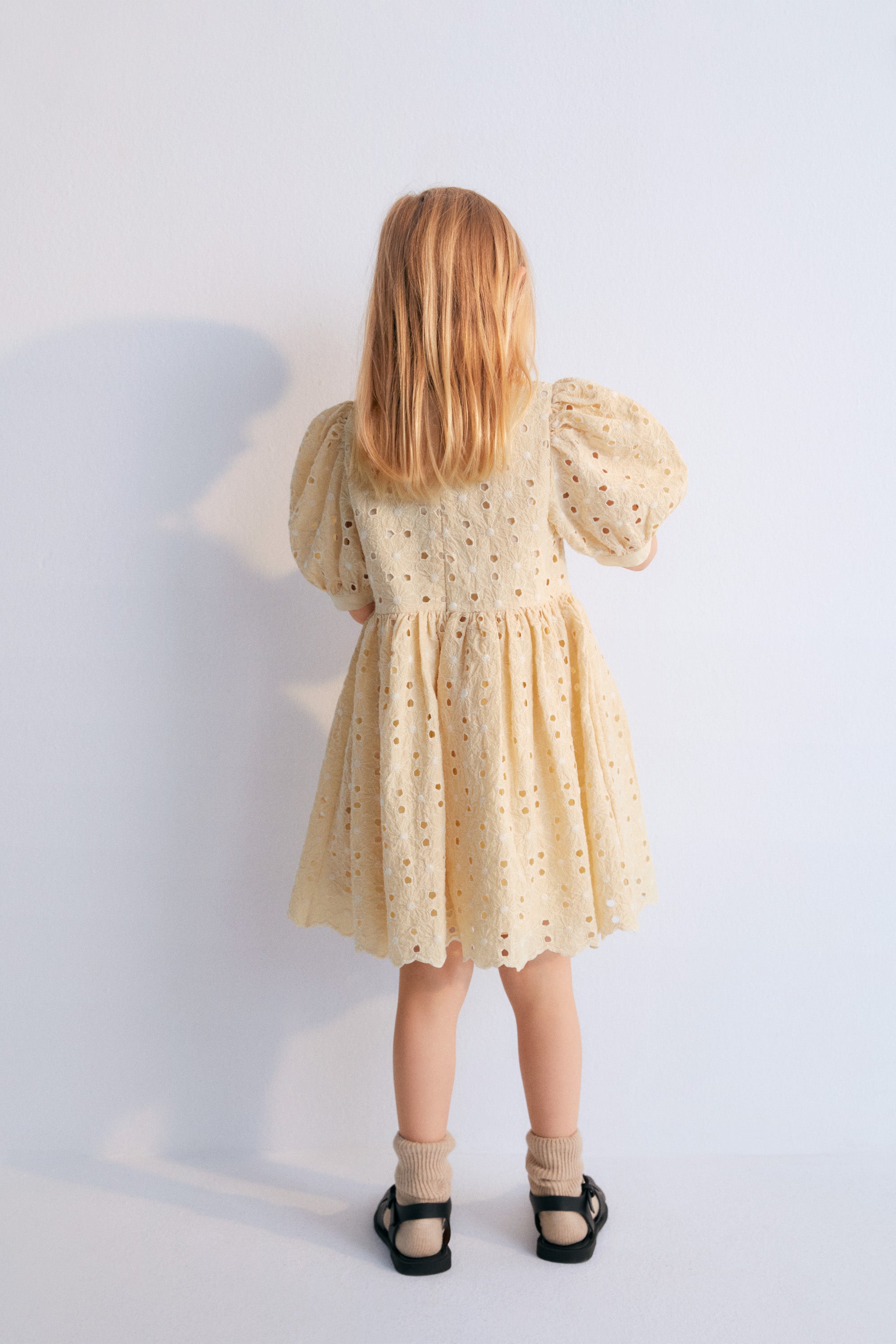 Creta Dress our bestseller now with embroidered blend cotton fabric in macadamia color. Dress with puffed sleeves and a flared skirt. New Collection Kids.