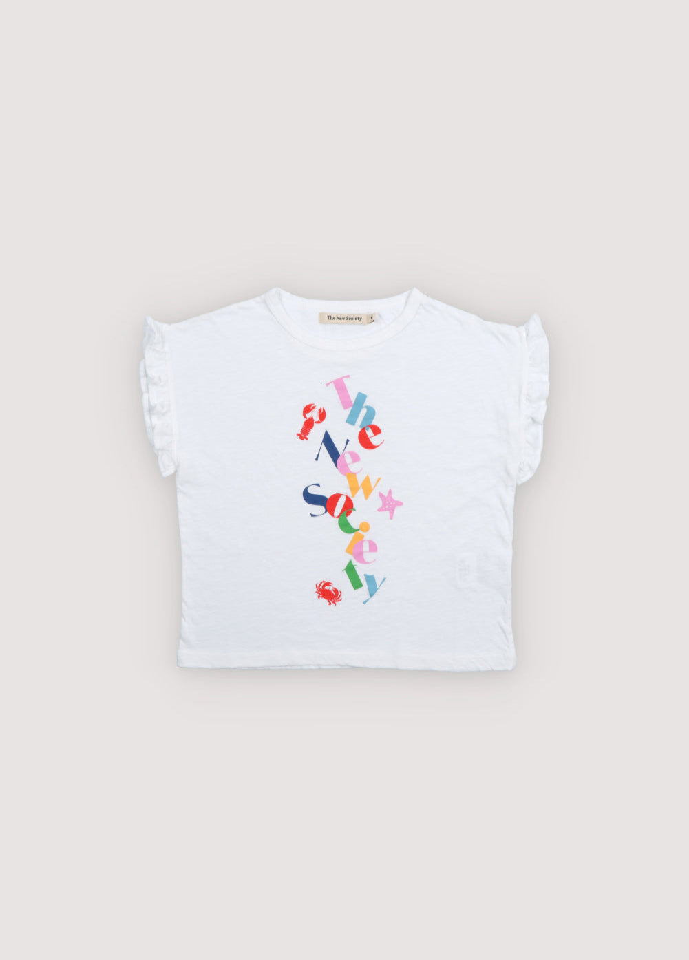 Flame T-shirt with ruffles on the sleeves and a playful brand print on the front.