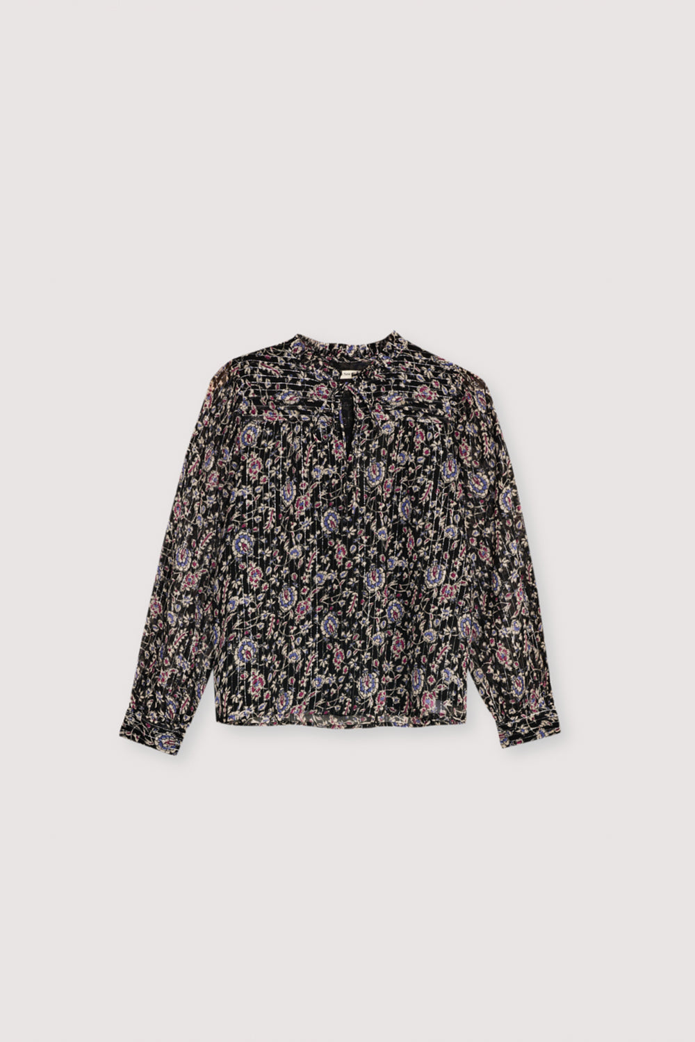 Viscose blouse with lurex and a beautiful print. It features a front keyhole opening with a tie closure and hand-pleated detailing.