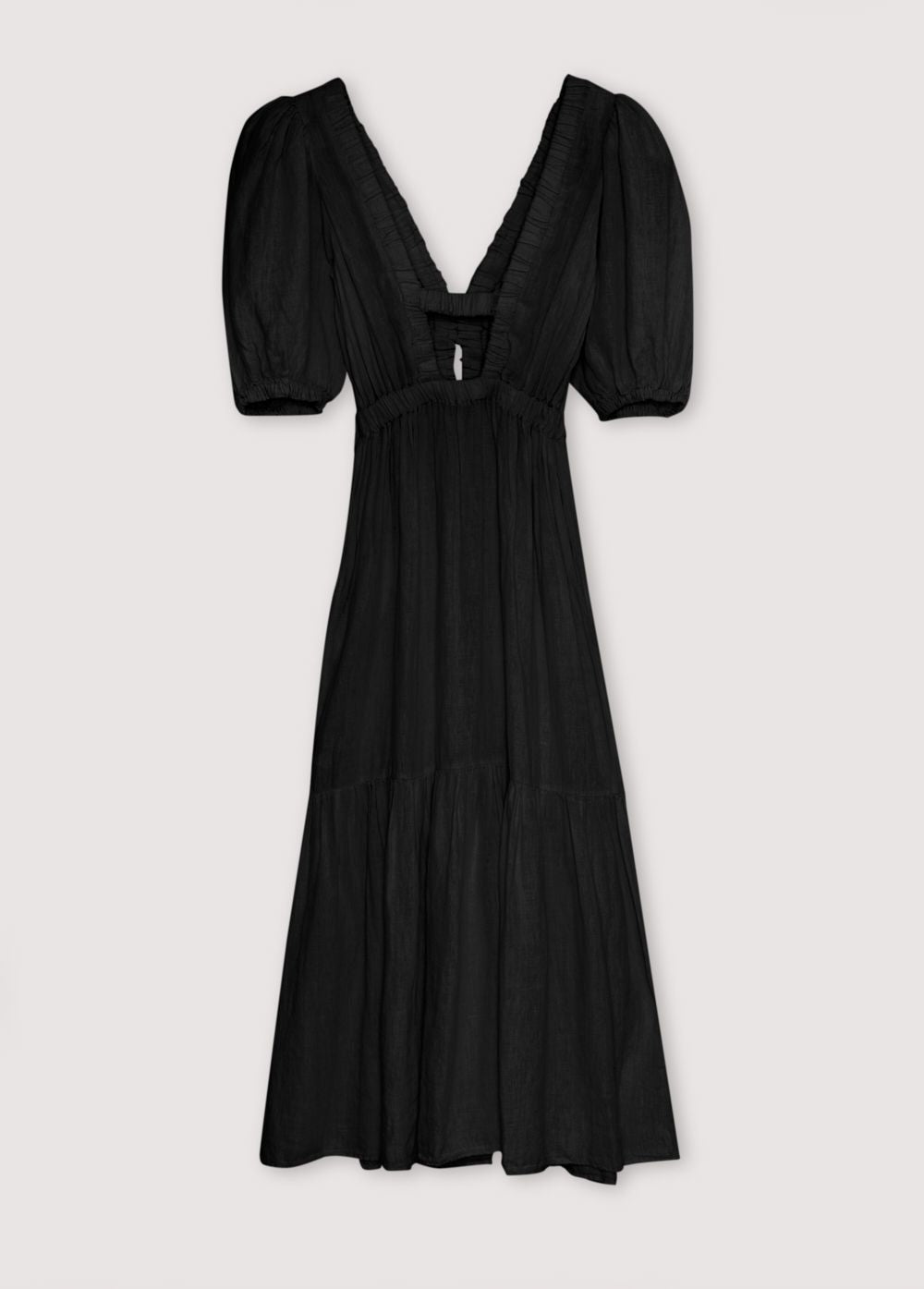 Hera Woman Dress 3 in 100% linen, available in two colors: caviar and macadamia. V-neck with elastic band, puffed sleeves, and an elastic waistband to generate volume in the skirt. Spring Summer Collection. The New Society.