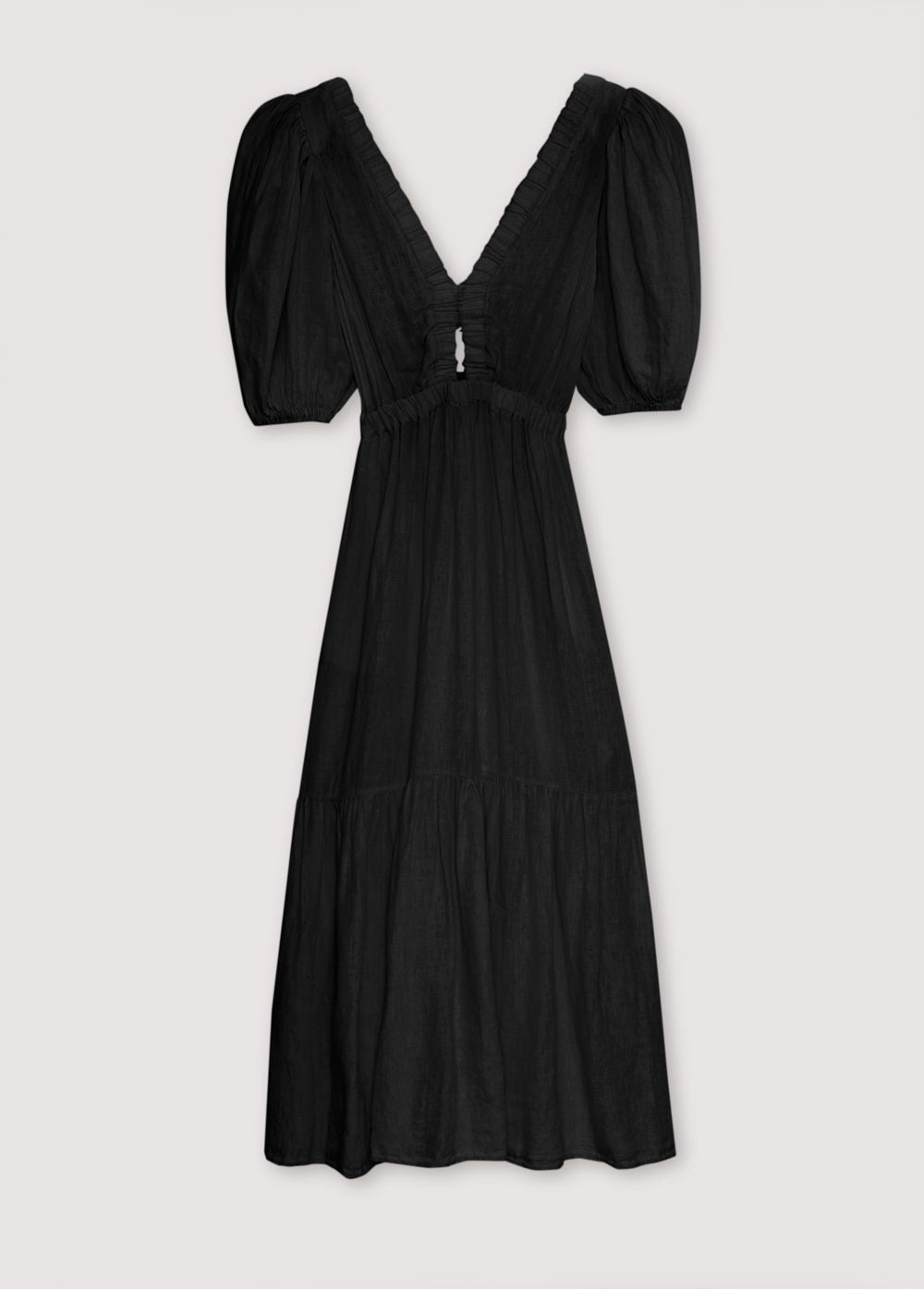 Hera Woman Dress 3 in 100% linen, available in two colors: caviar and macadamia. V-neck with elastic band, puffed sleeves, and an elastic waistband to generate volume in the skirt. Spring Summer Collection. The New Society.