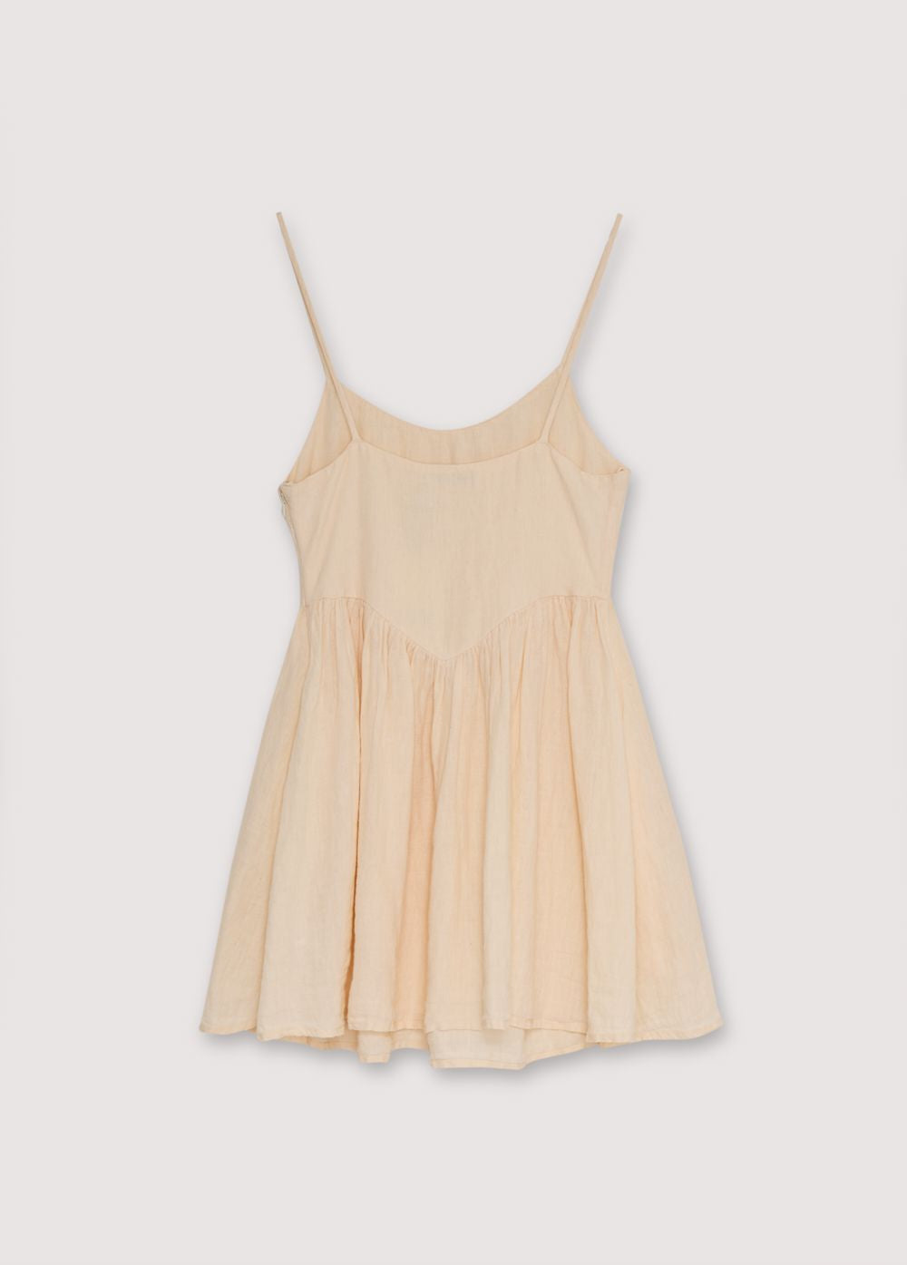 Hera Woman Short Dress in 100% linen, available in three colors: caviar, macadamia, and palm. Square neckline, straps with fasteners, and a short skirt with volume. Spring Summer Collection. The New Society.