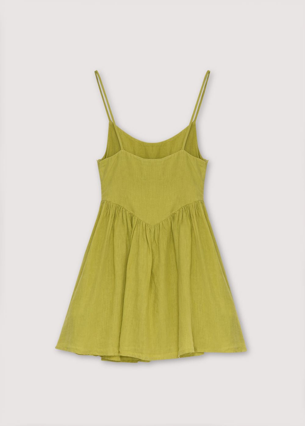 Hera Woman Short Dress in 100% linen, available in three colors: caviar, macadamia, and palm. Square neckline, straps with fasteners, and a short skirt with volume. Spring Summer Collection. The New Society.