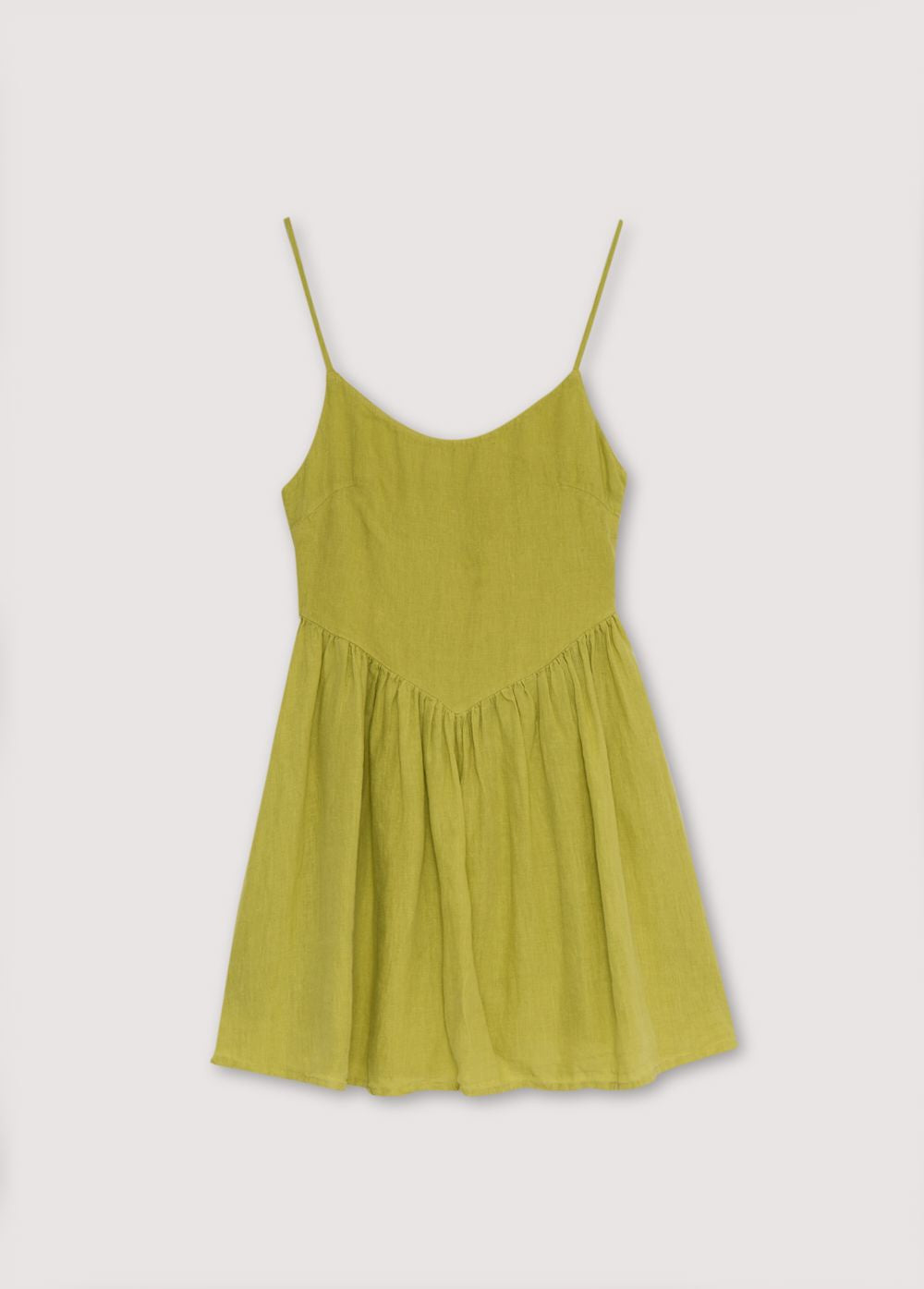 Hera Woman Short Dress in 100% linen, available in three colors: caviar, macadamia, and palm. Square neckline, straps with fasteners, and a short skirt with volume. Spring Summer Collection. The New Collection.