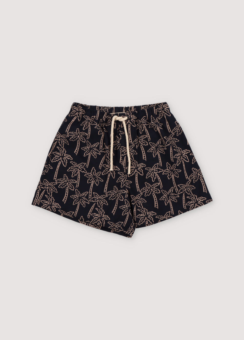 Ithaki Bermuda in 100% cotton with our Palms Navy print, elastic waistband, and adjustable drawstring.