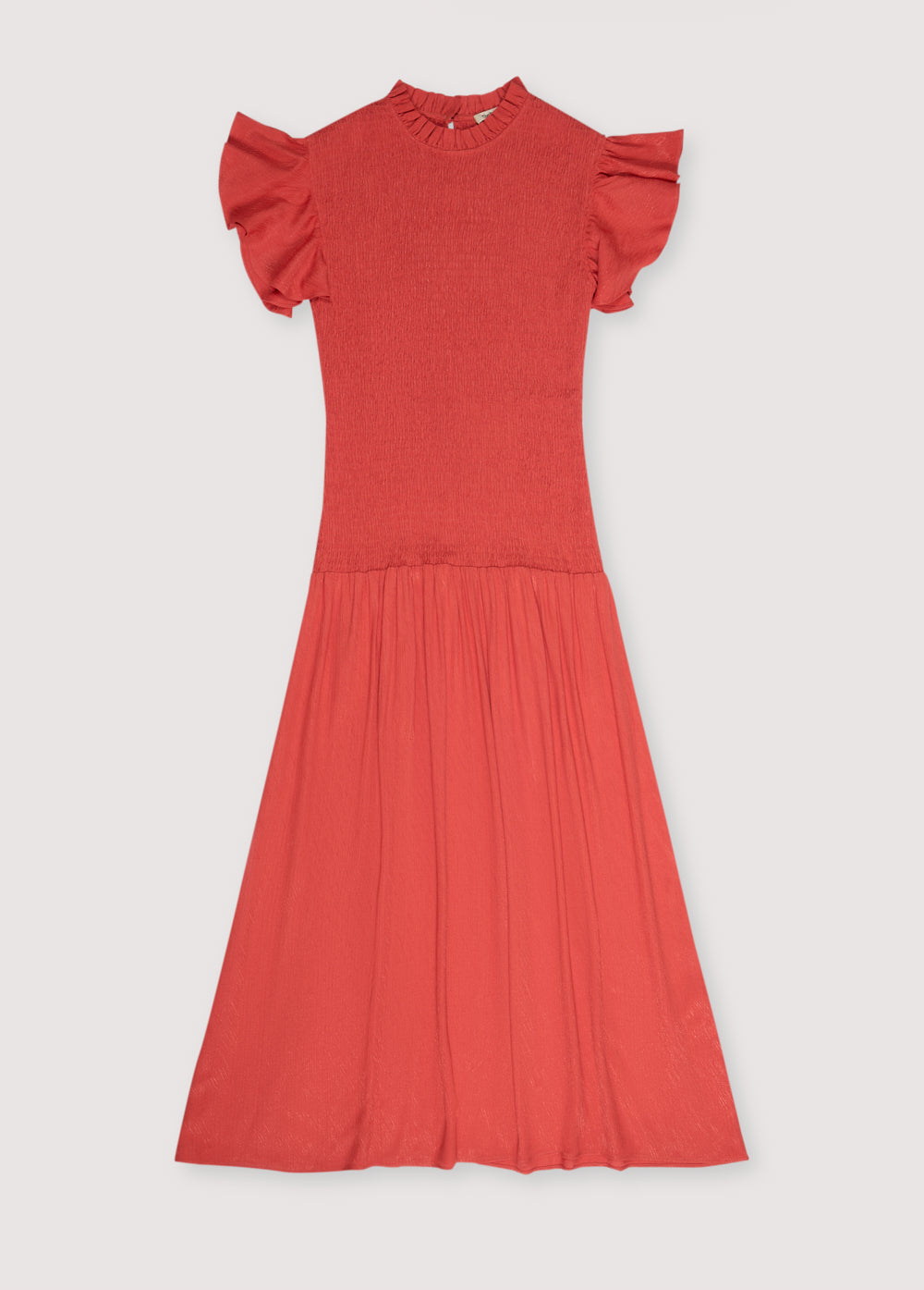Long jacquard-woven dress in a lovely chili color with smocking on the bodice and ruffles on the shoulders. Spring Summer Collection. The New Society.
