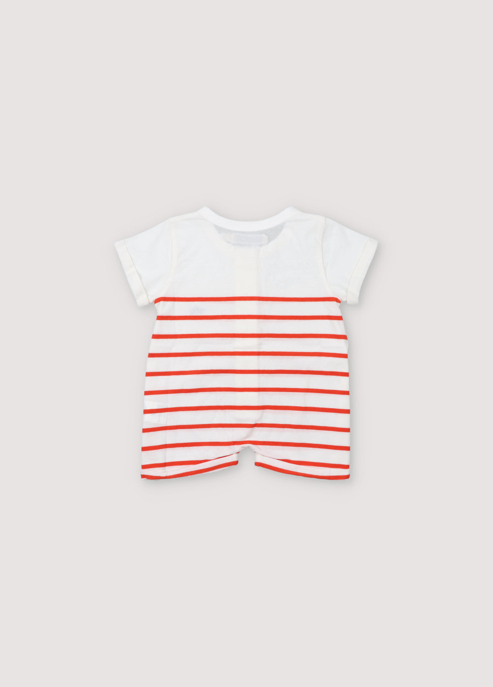 Baby romper with bicolor stripes, short sleeves, and a front placket with wooden buttons. It features a playful contrast embroidery on the chest. Spring Summer Collection. The New Society.