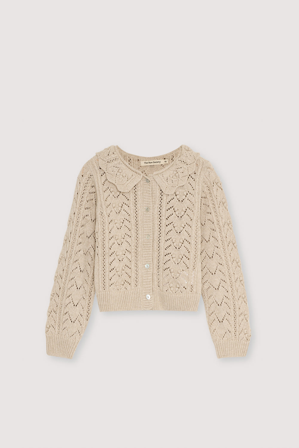 Cardigan in Moonlight White made from a soft recycled cashmere and wool blend, featuring a delicate knit design and ribbed collar detail