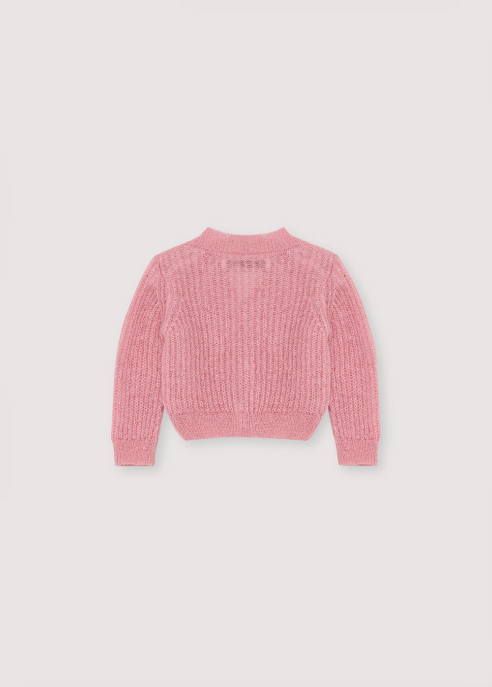 Fine rib knit mohair cardigan with a V-neck and original silver heart-shaped buttons. It pairs perfectly with matching knit leggings for a complete look.