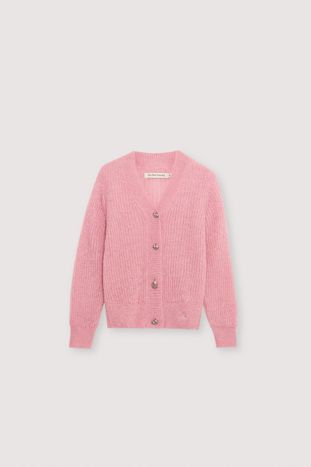 Fine rib knit mohair cardigan with a V-neck and original silver heart-shaped buttons. It pairs perfectly with matching knit leggings for a complete look. It feautures a TNS embroidery on tone on hem rib.