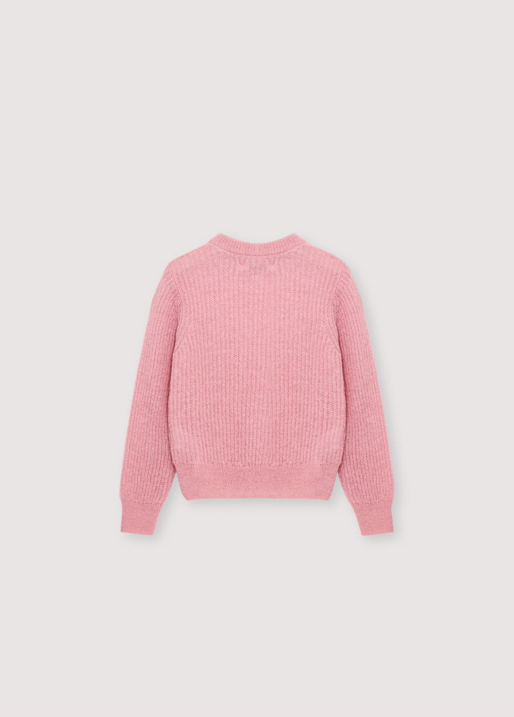 Fine rib knit mohair sweater with a round neckline and ribbing at the neck, cuffs, and hem. It feautures a TNS embroidery on tone on hem rib.