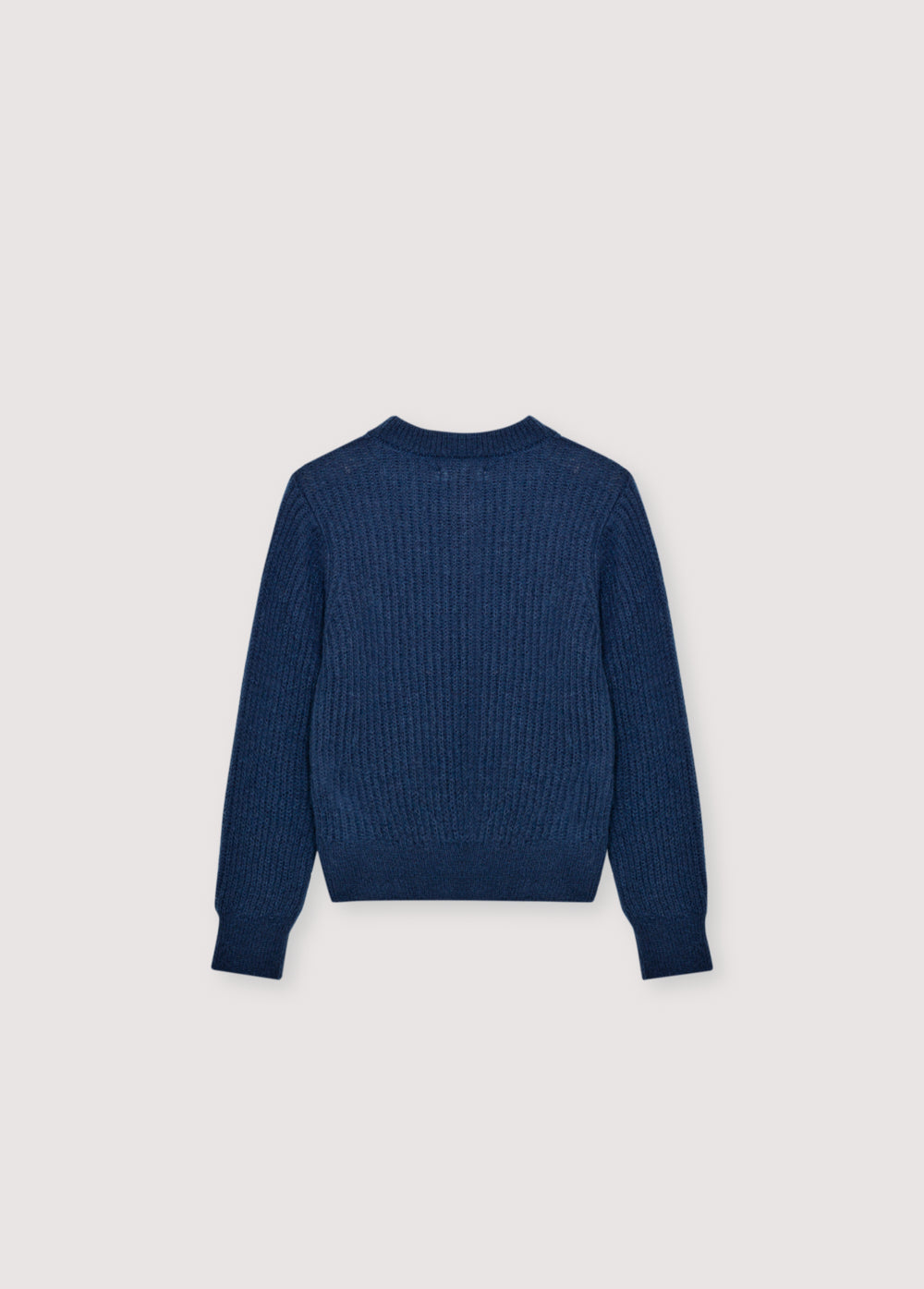 Fine rib knit mohair sweater with a round neckline and ribbing at the neck, cuffs, and hem. It feautures a TNS embroidery on tone on hem rib.