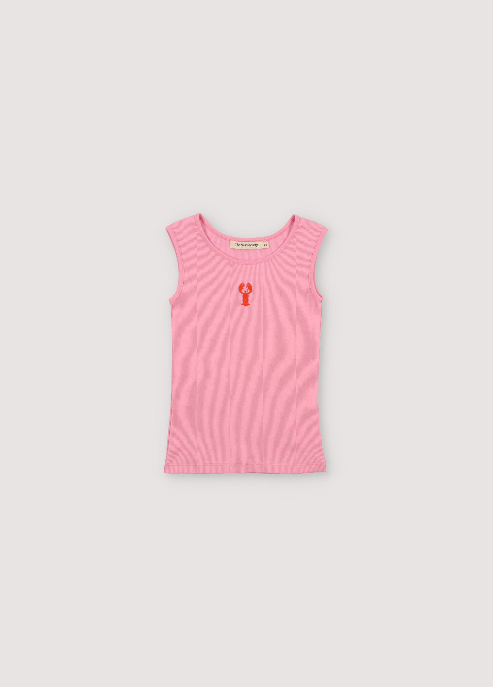 Ribbed top with overlock finish at the hem and a playful contrast embroidery of a lobster on the chest. The New Society. New Collection
