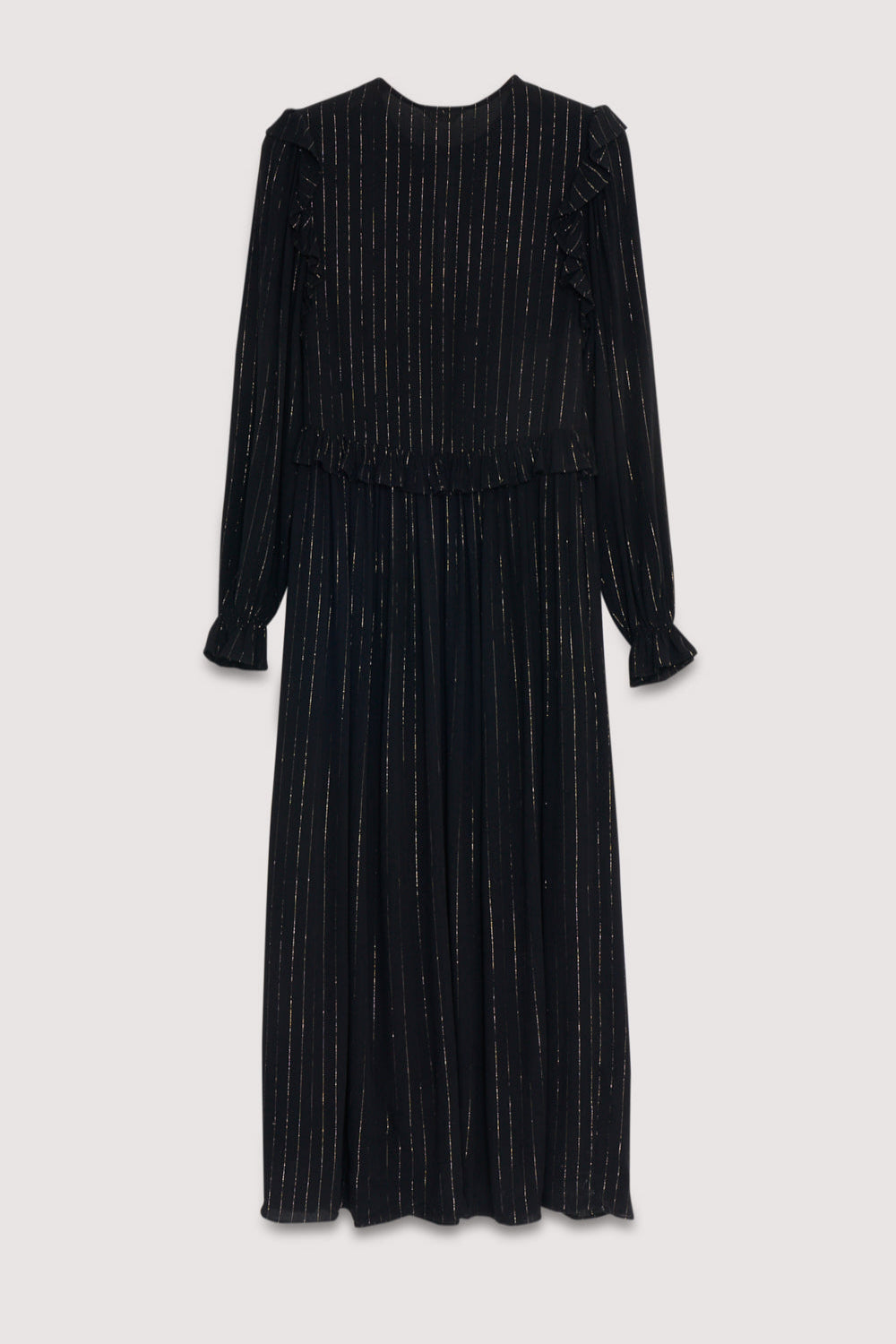 Long and flowy viscose dress with lurex in black color. It features a front opening with a bow and button closure, and a ruffle detail on the shoulders.