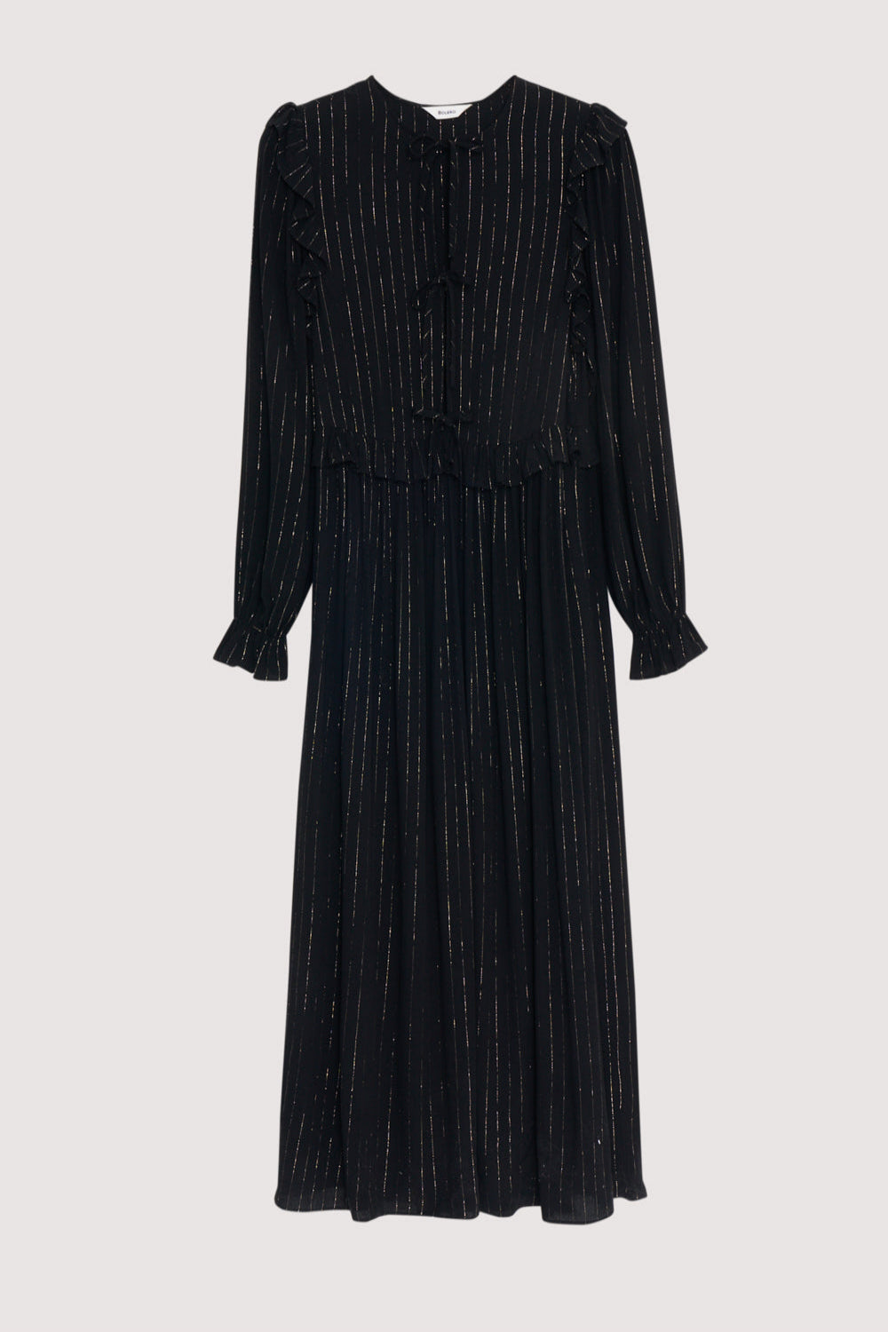 Long and flowy viscose dress with lurex in black color. It features a front opening with a bow and button closure, and a ruffle detail on the shoulders.