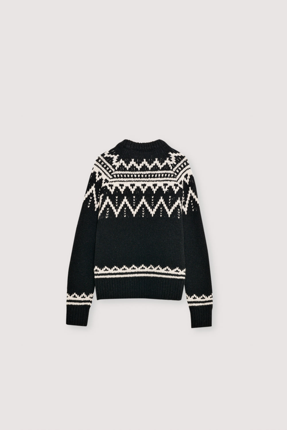 Wool sweater with a beautiful jacquard contrast detail on the front, back, and sleeves.