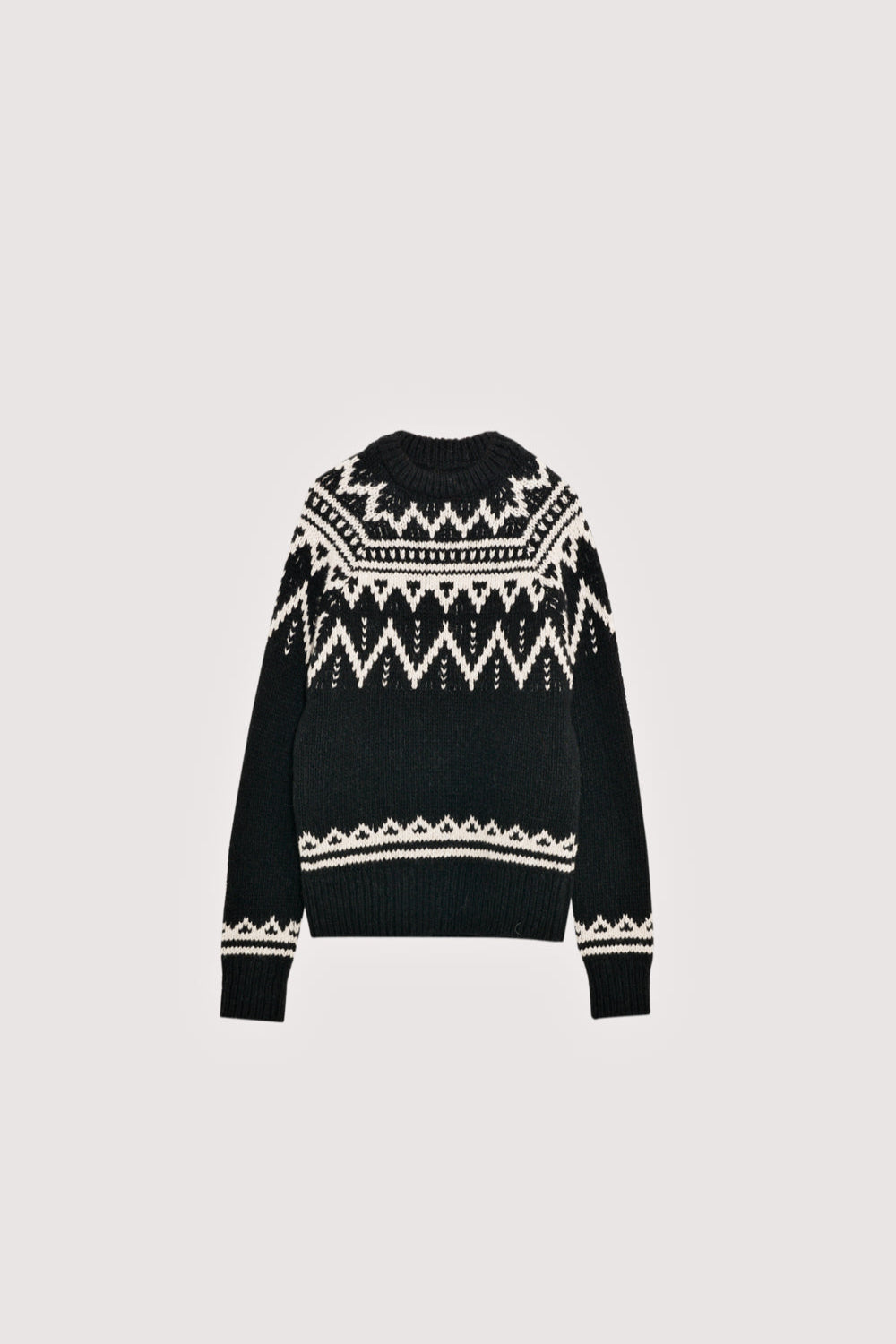 Wool sweater with a beautiful jacquard contrast detail on the front, back, and sleeves.