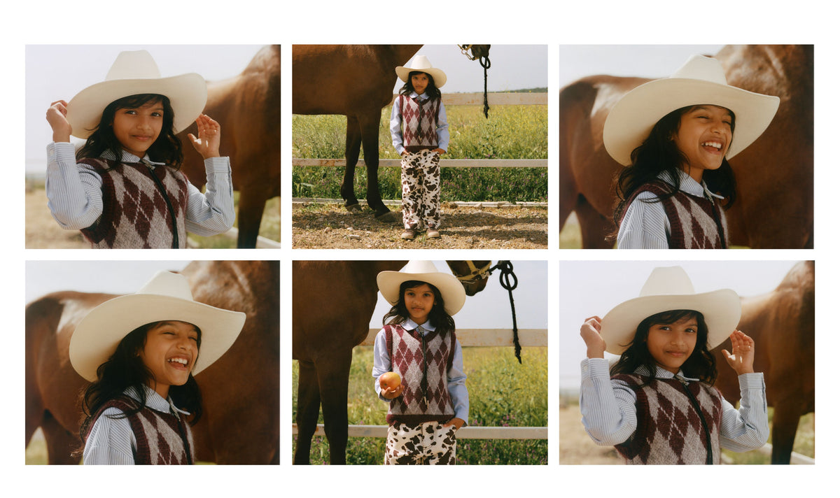 A six-panel collage showing a young girl outdoors in front of a horse, wearing a large white cowboy hat, a light blue shirt, and a brown-and-white argyle sweater vest. The panels include close-up portraits, a full-body view, and smiling expressions.