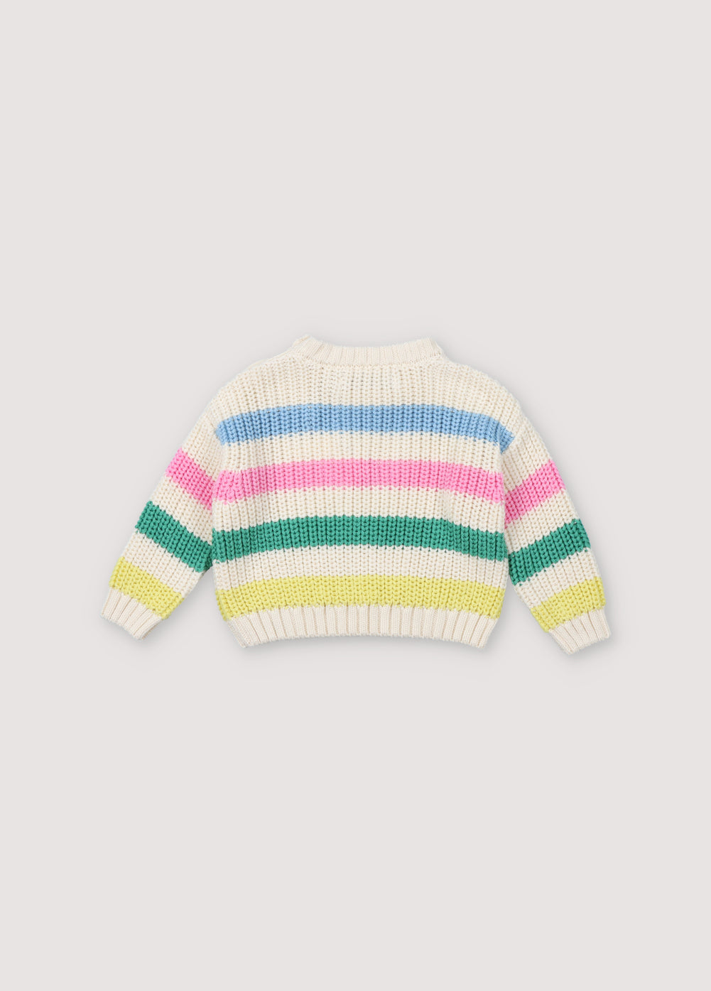 One of our best sellers, the Leto sweater, with colorful stripes and ribbed knit. It has ribbed neckline, cuffs, and hem, and shoulder opening with wooden buttons. Spring Summer Collection. The New Society.