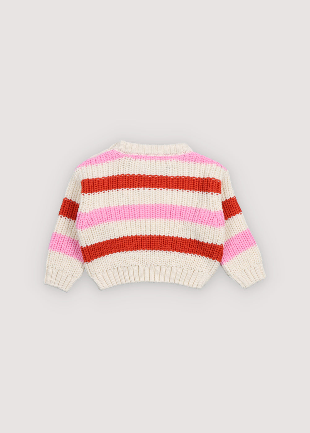 One of our best sellers, the Leto sweater, with colorful stripes and ribbed knit. It has ribbed neckline, cuffs, and hem, and shoulder opening with wooden buttons. Spring Summer Collection. The New Society.