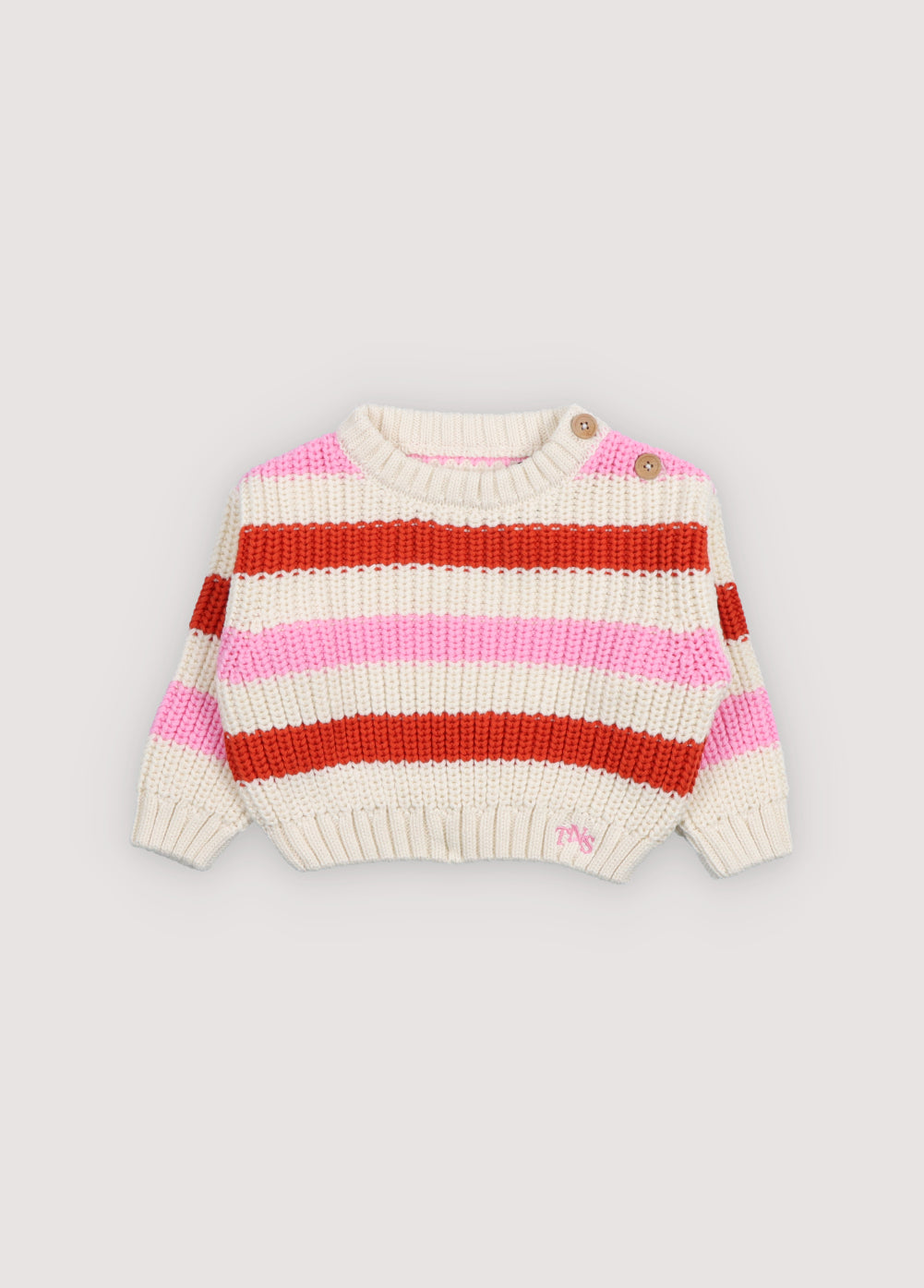 One of our best sellers, the Leto sweater, with colorful stripes and ribbed knit. It has ribbed neckline, cuffs, and hem, and shoulder opening with wooden buttons. Spring Summer Collection. The New Society.