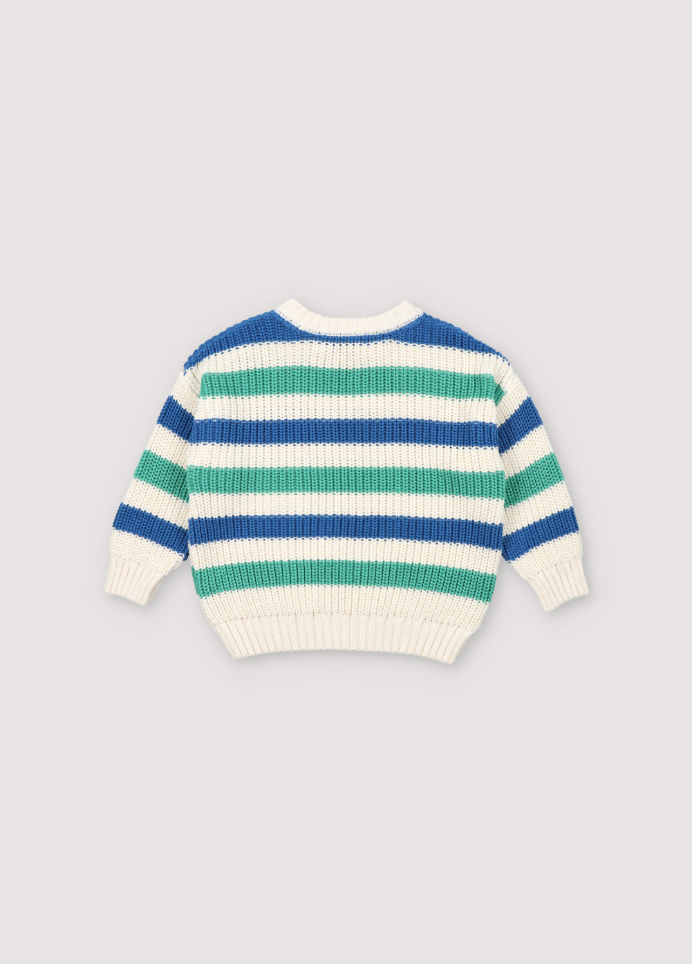 One of our best sellers, the Leto sweater, with colorful stripes and ribbed knit. It has ribbed neckline, cuffs, and hem, and shoulder opening with wooden buttons. Spring Summer Collection. The New Society.