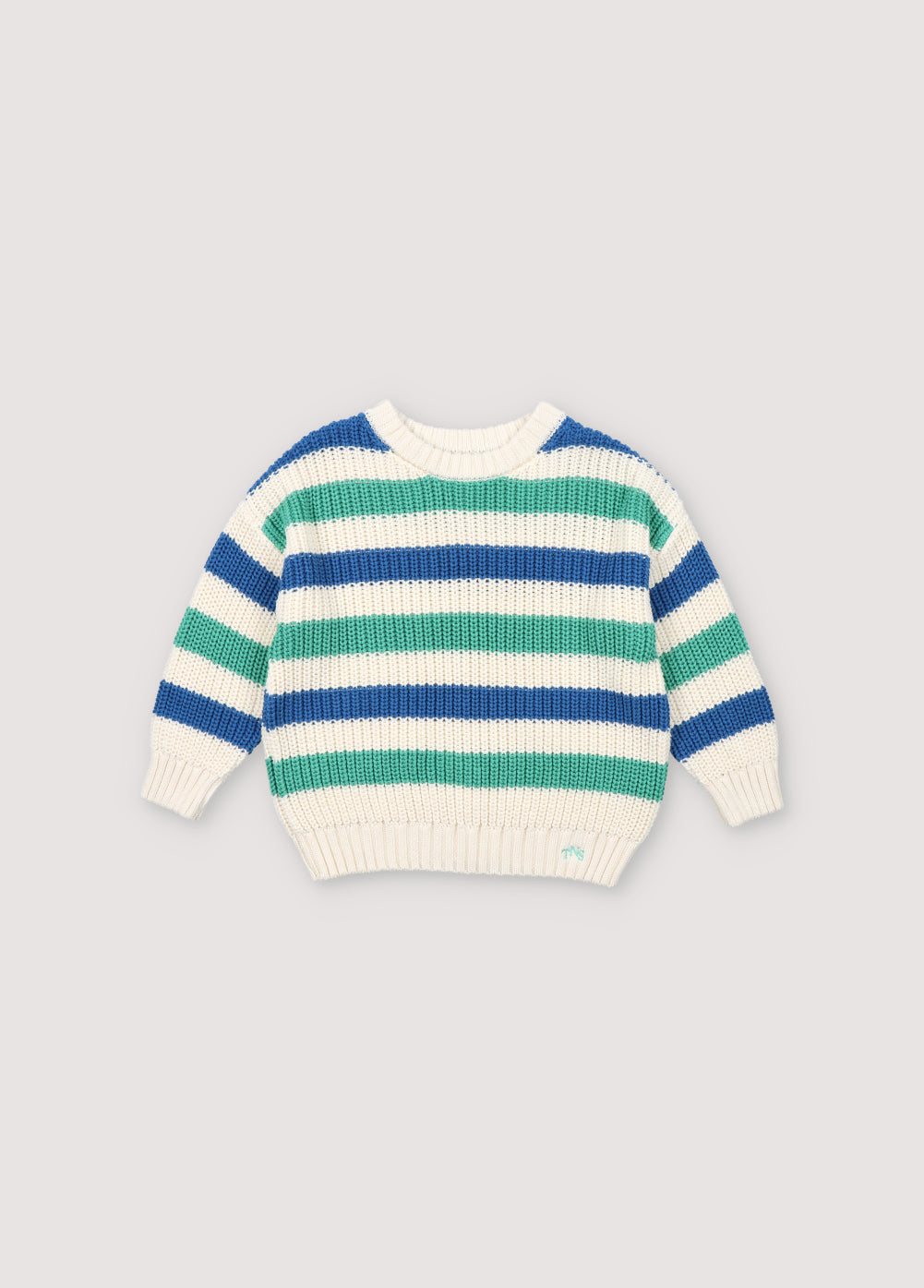 One of our best sellers, the Leto sweater, with colorful stripes and ribbed knit. It has ribbed neckline, cuffs, and hem, and shoulder opening with wooden buttons. Spring Summer Collection. The New Society.