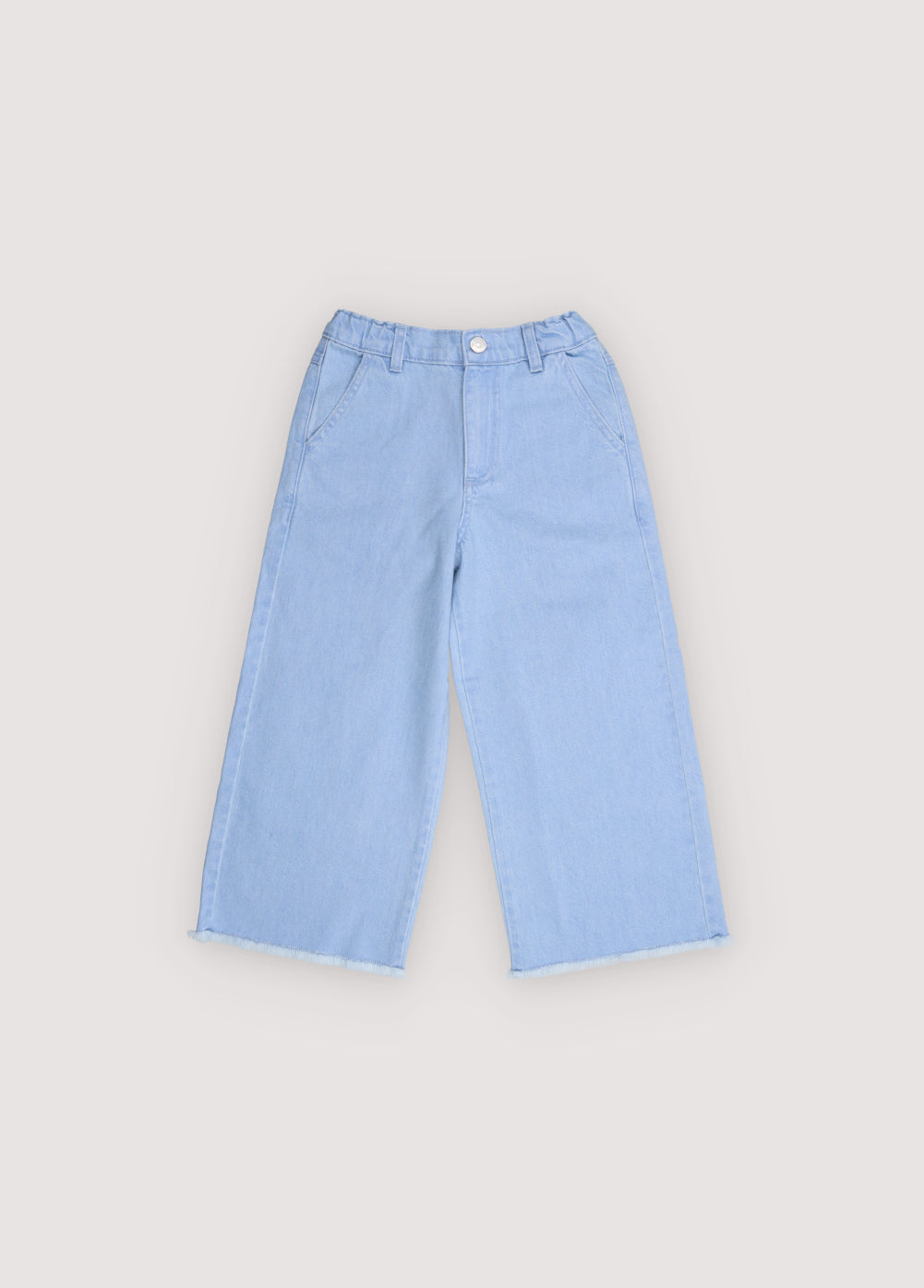 Wide leg denim pants in a soft washed finish, featuring straight legs and an adjustable waistband with interior elastic
