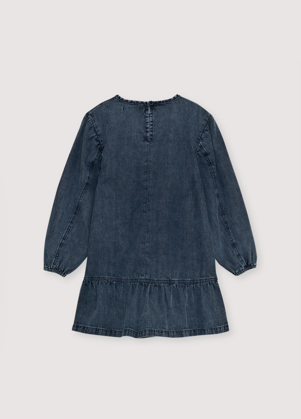 Short washed dark denim dress featuring puffed sleeves and a back cut-out detail. TNS embroidery.